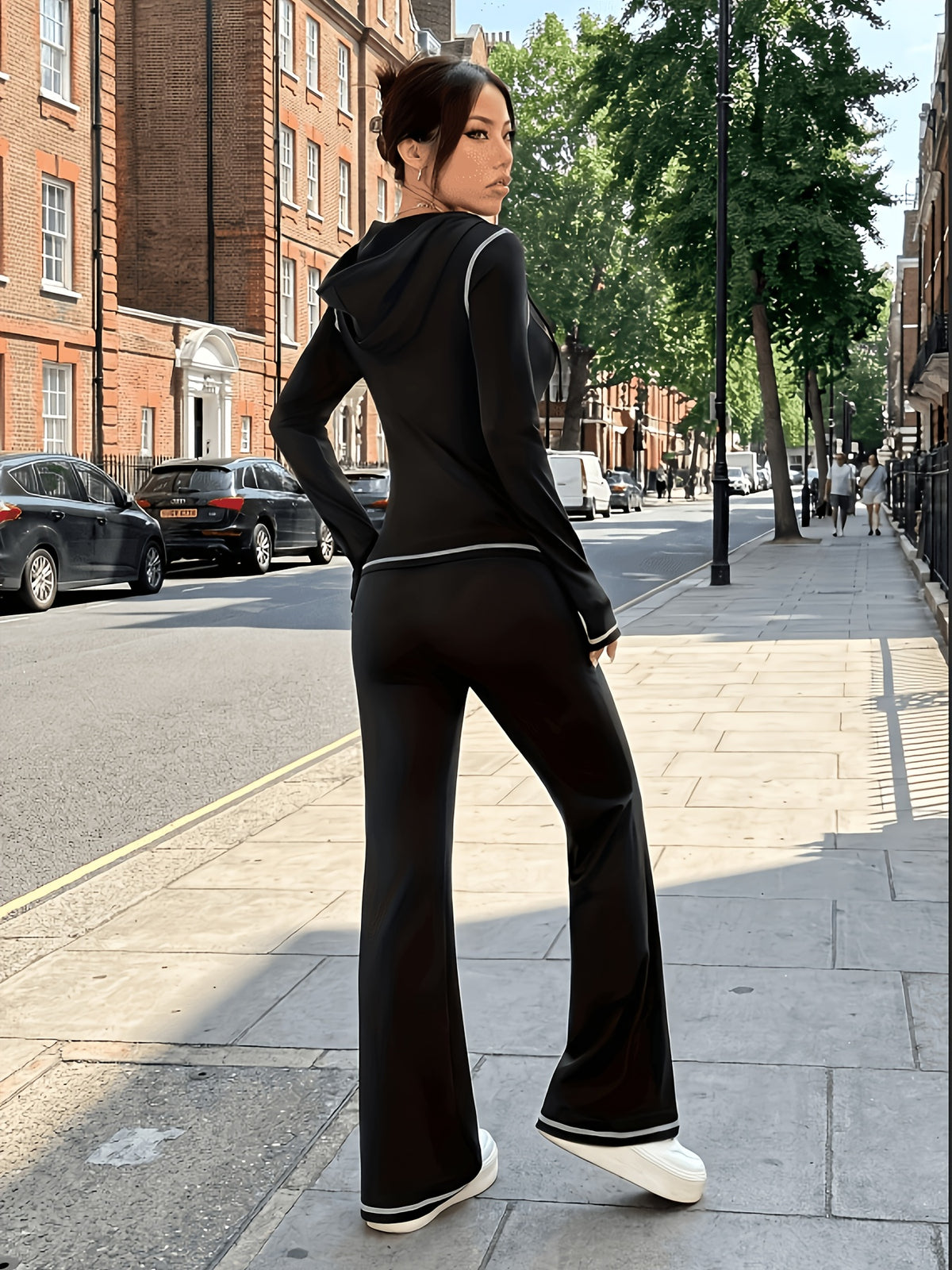 Hooded Zip Top & Flare Pants Set - Black