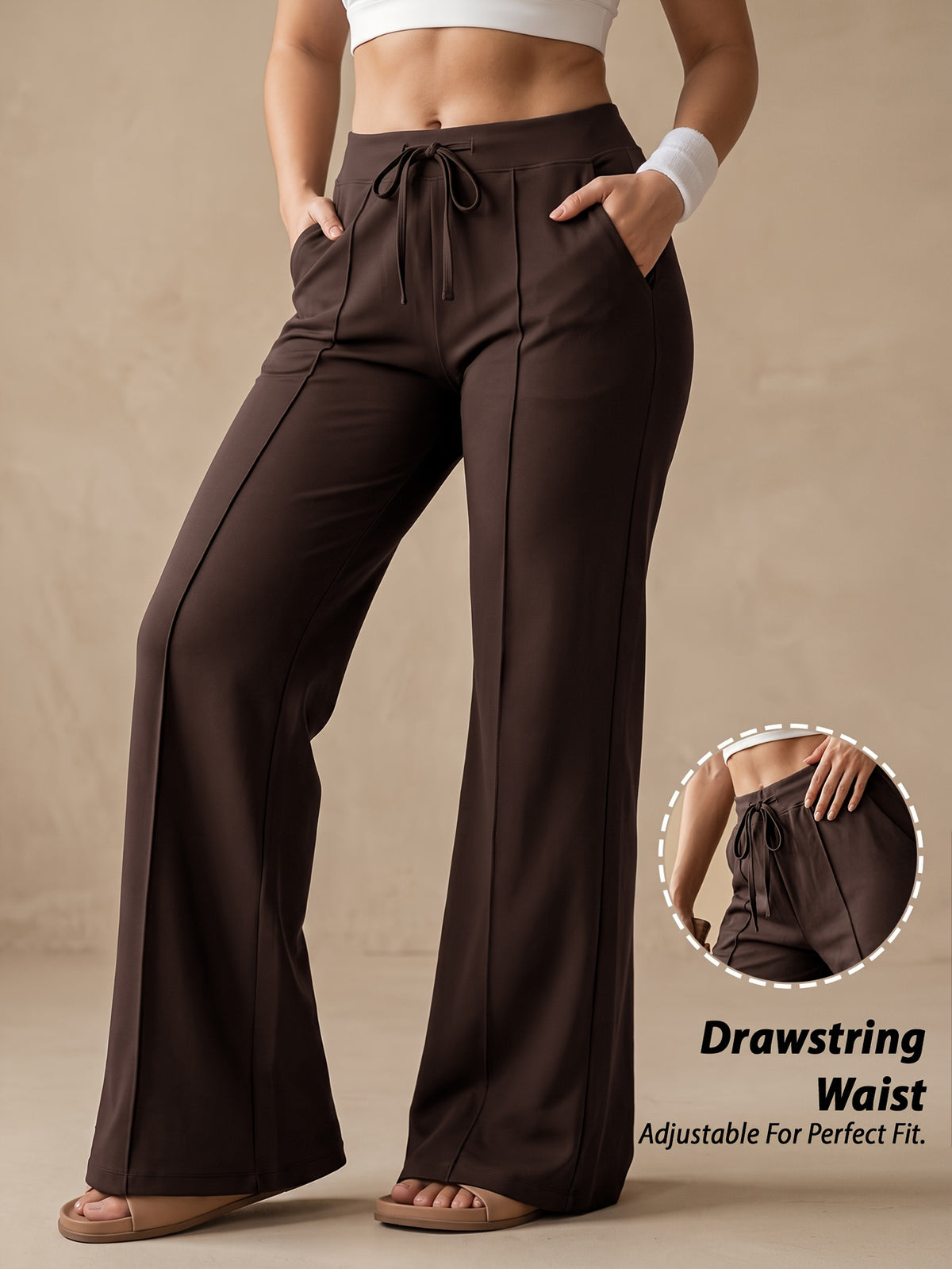 Drawstring Wide Leg Pocket Yoga Pants - Coffee
