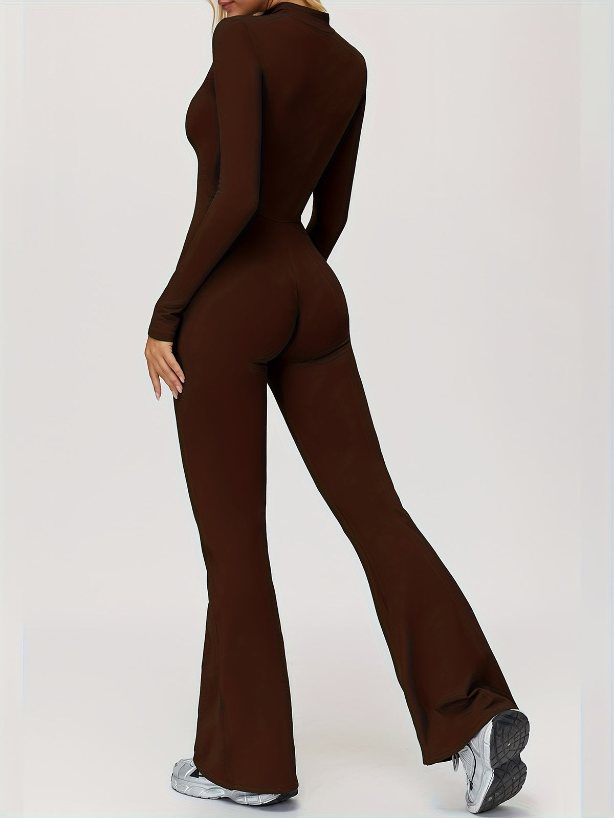 Long Sleeve Zip Flared Jumpsuit - Coffee