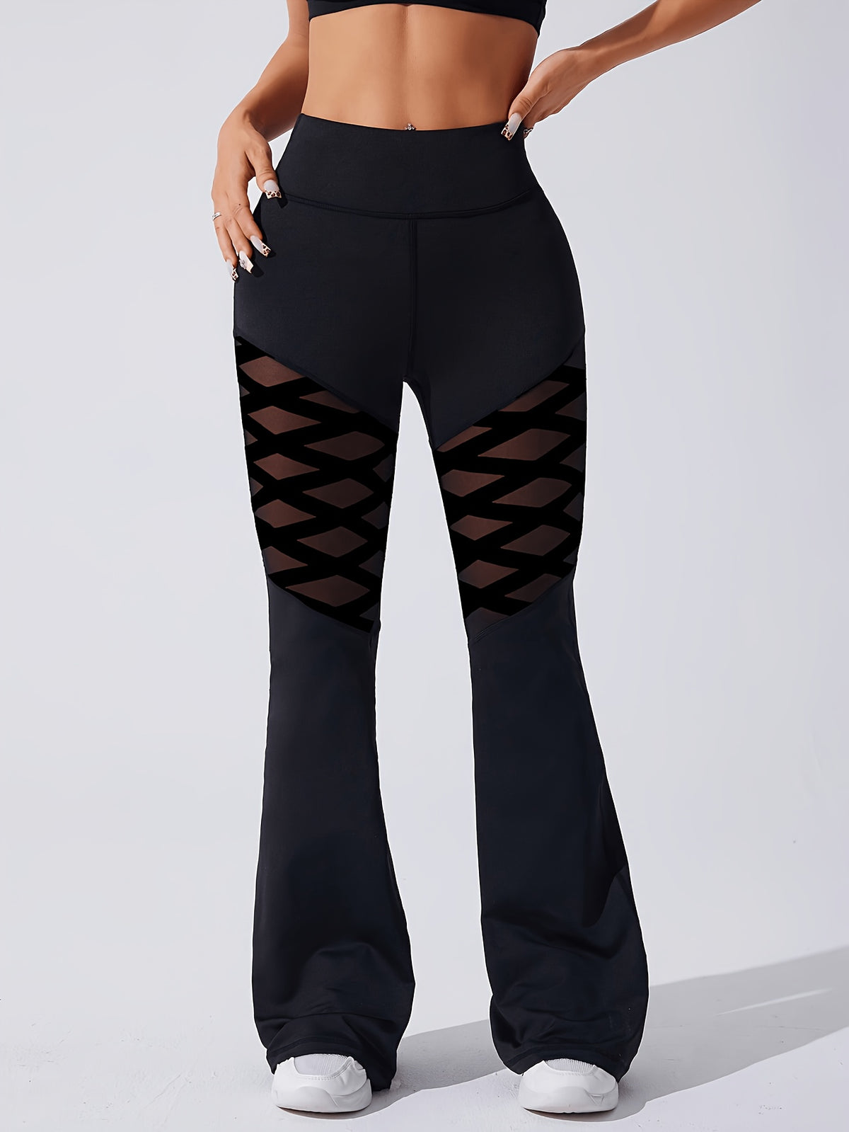 Flocked Mesh Panel Flare Leggings - Black
