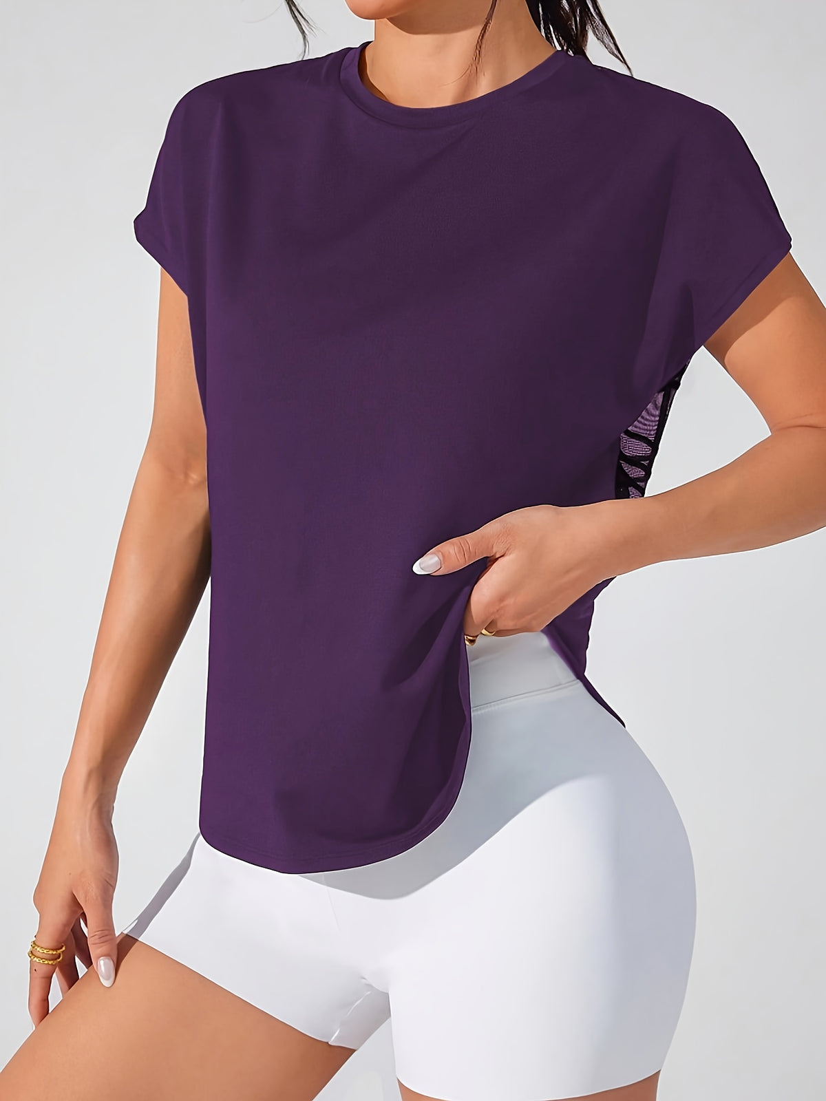 Geometric Mesh Back Sports Tee - Purple