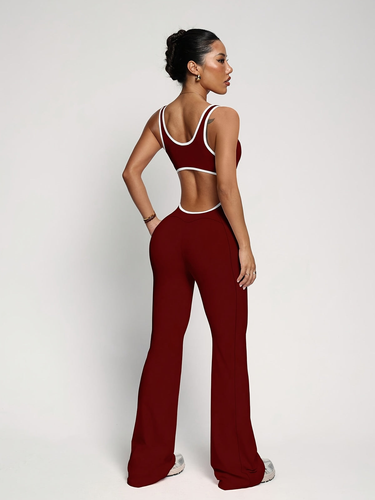 Cut Out Waist Flare Jumpsuit - Burgundy