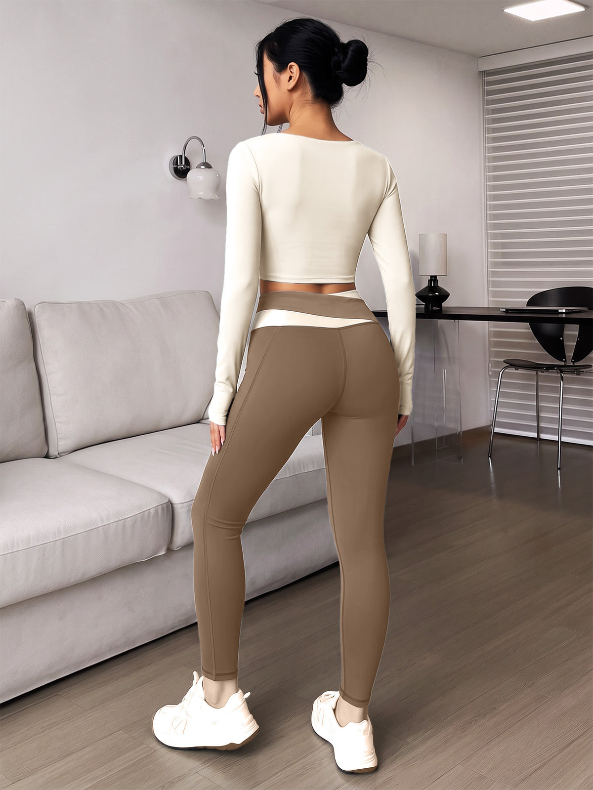 Spliced Finger Tab Crop Top & Pants Set - Ivory White & Cocoa