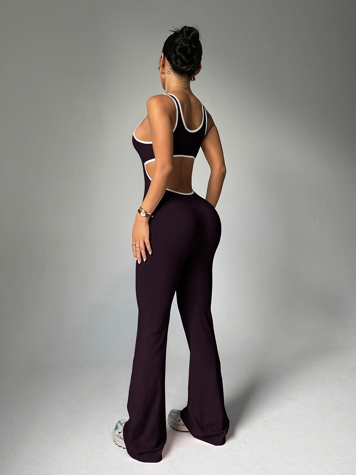 Cut Out Waist Flare Jumpsuit - Deep Purple