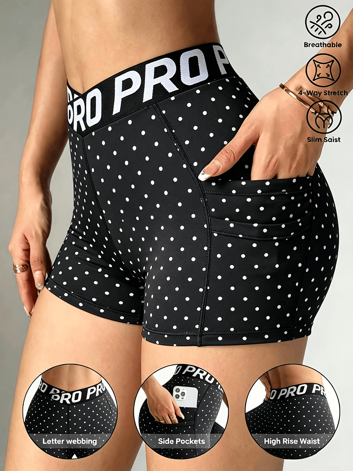 Cross Letter Waistband Printed Shorts - White Dots On Black Background