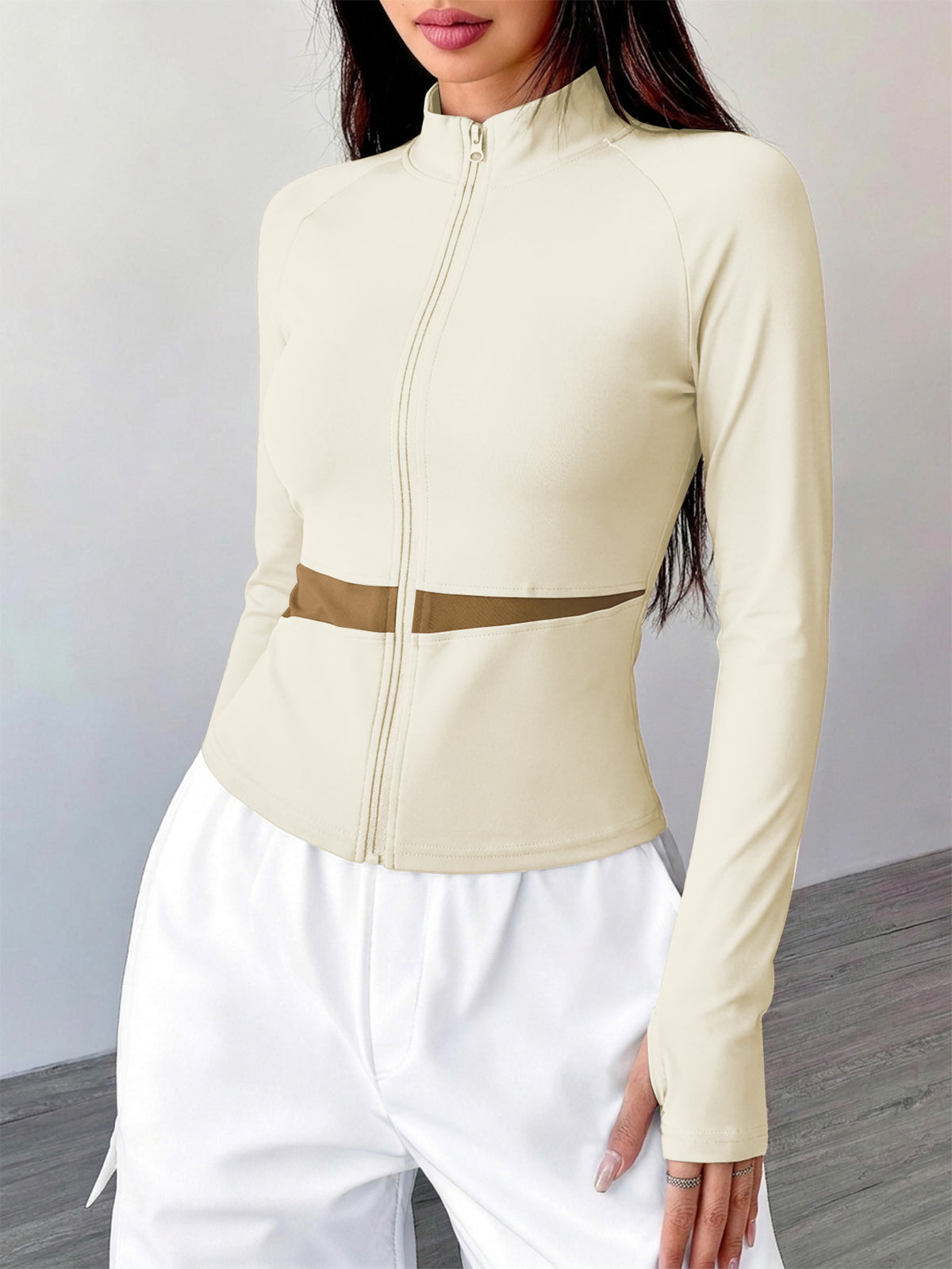 Spliced Full Zip Thumb Loop Top - Ivory White
