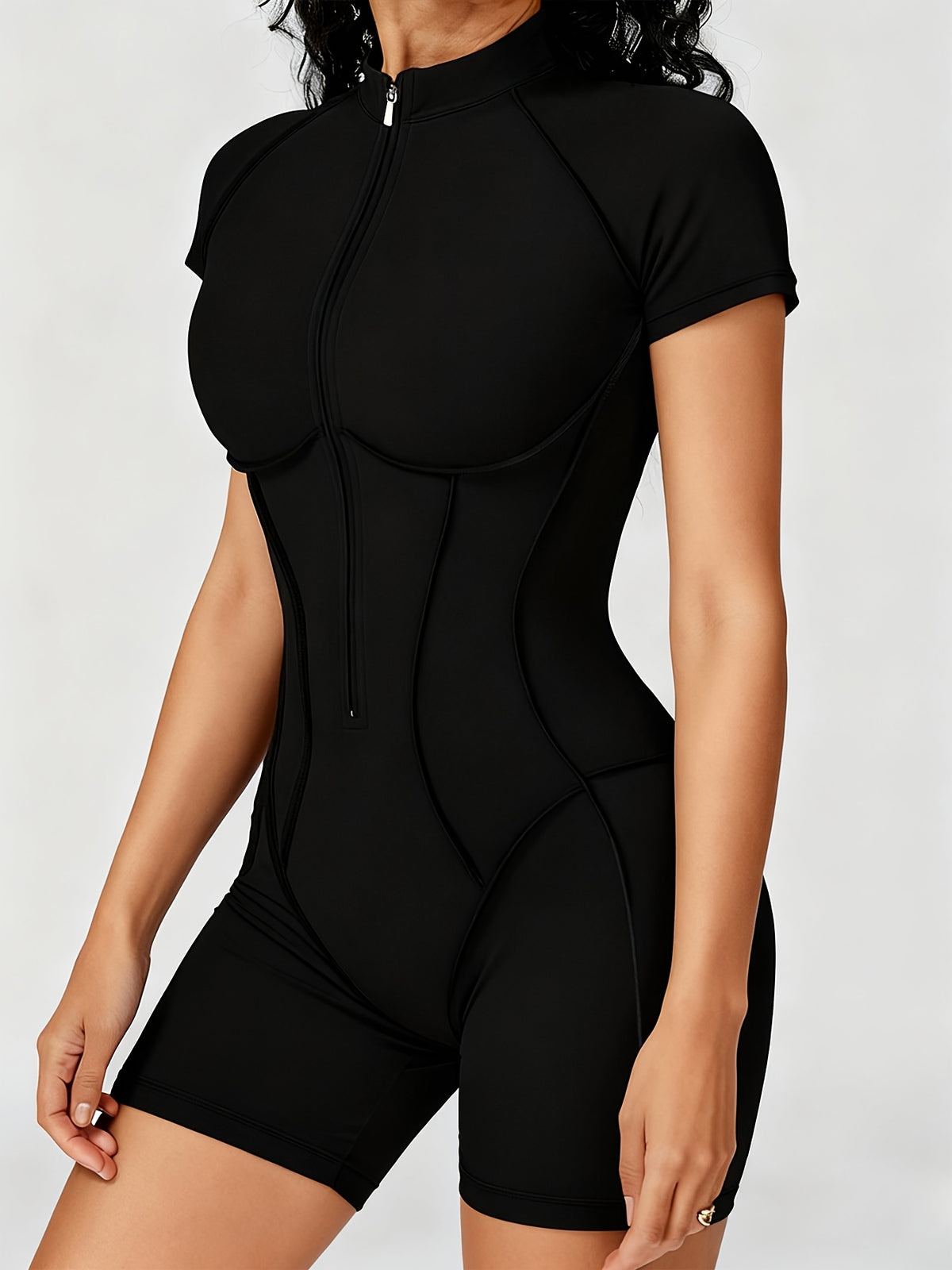 Short Sleeve Zip Shorts Jumpsuit - Black