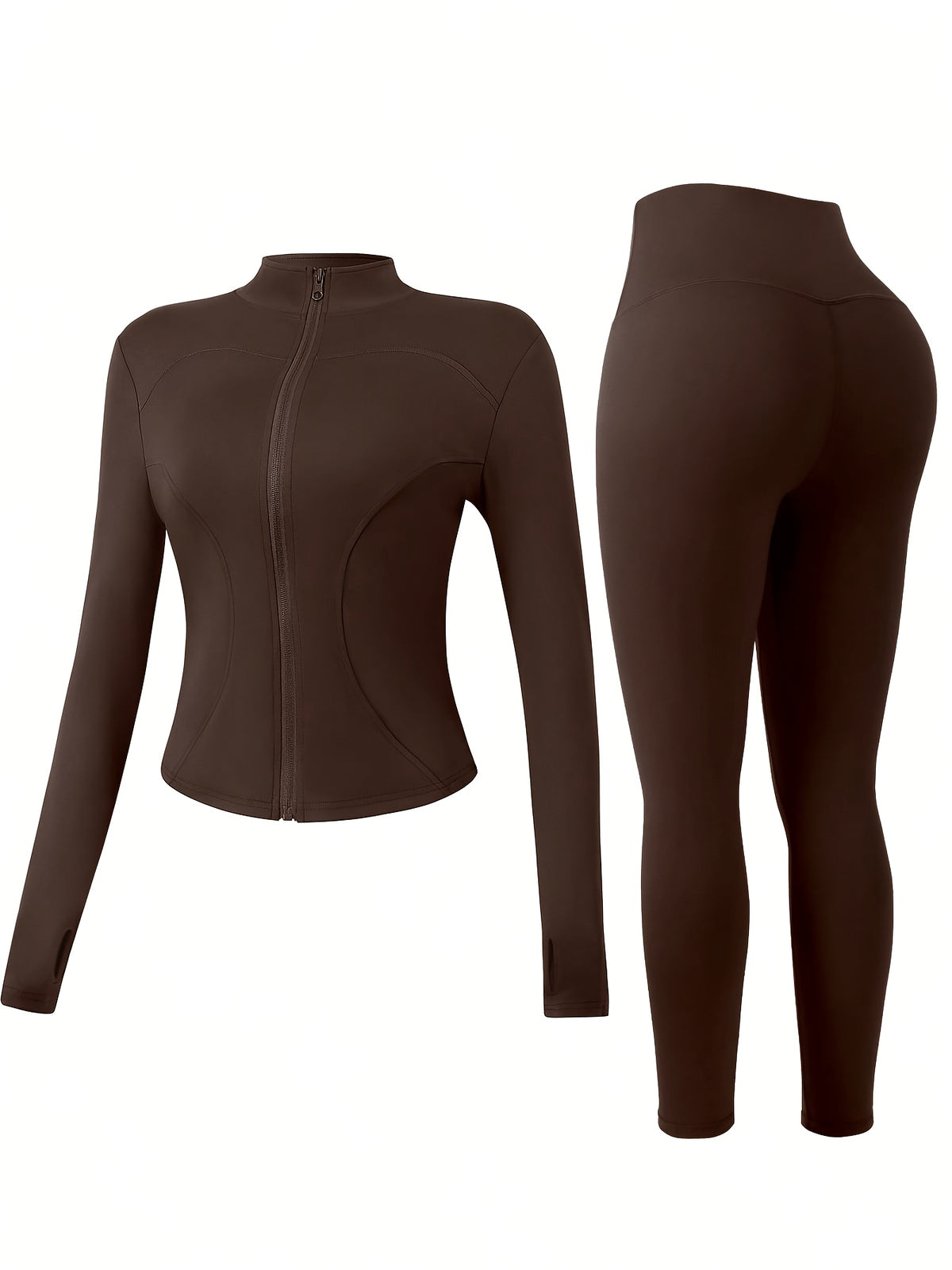 Thumbhole Cropped Zip Jacket & Leggings Set - Espresso