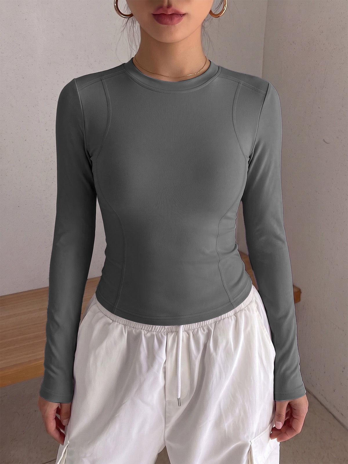 Round Neck Shaping Long Sleeve Top - Grey