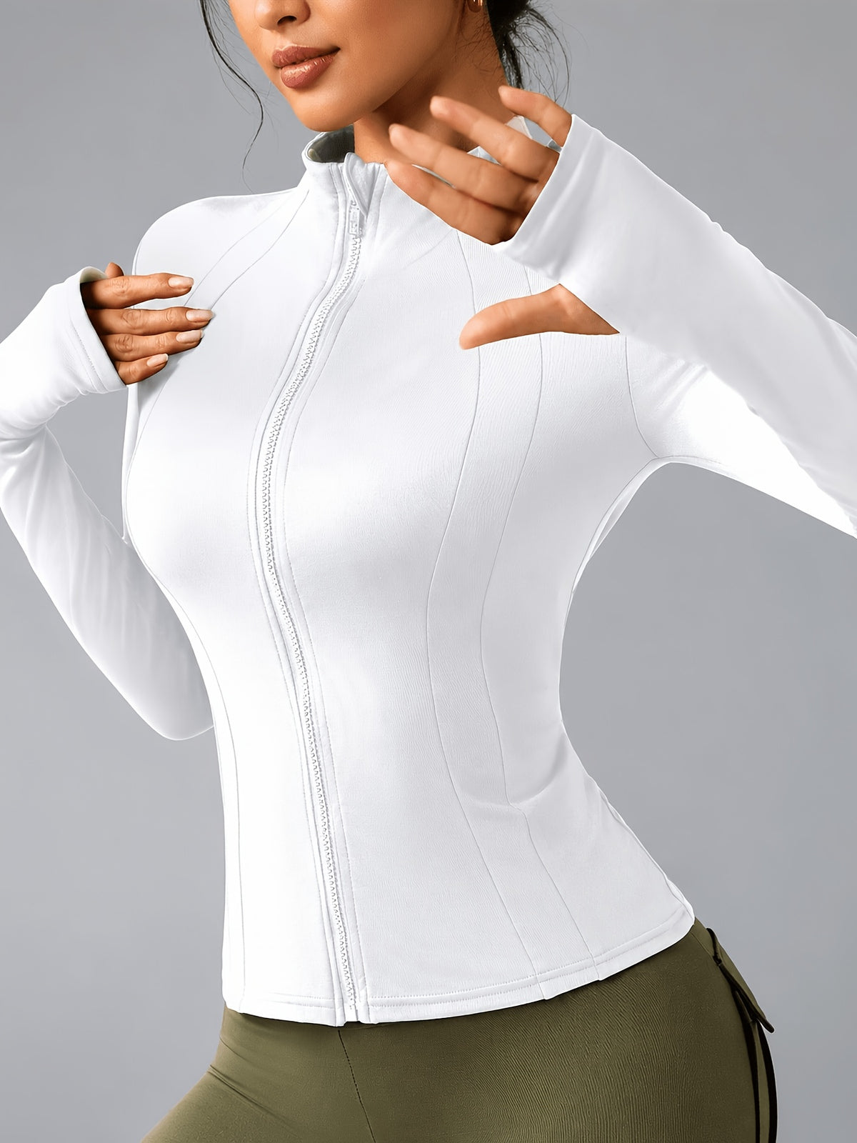 Thumbhole Stand Collar Full Zip Jacket - White