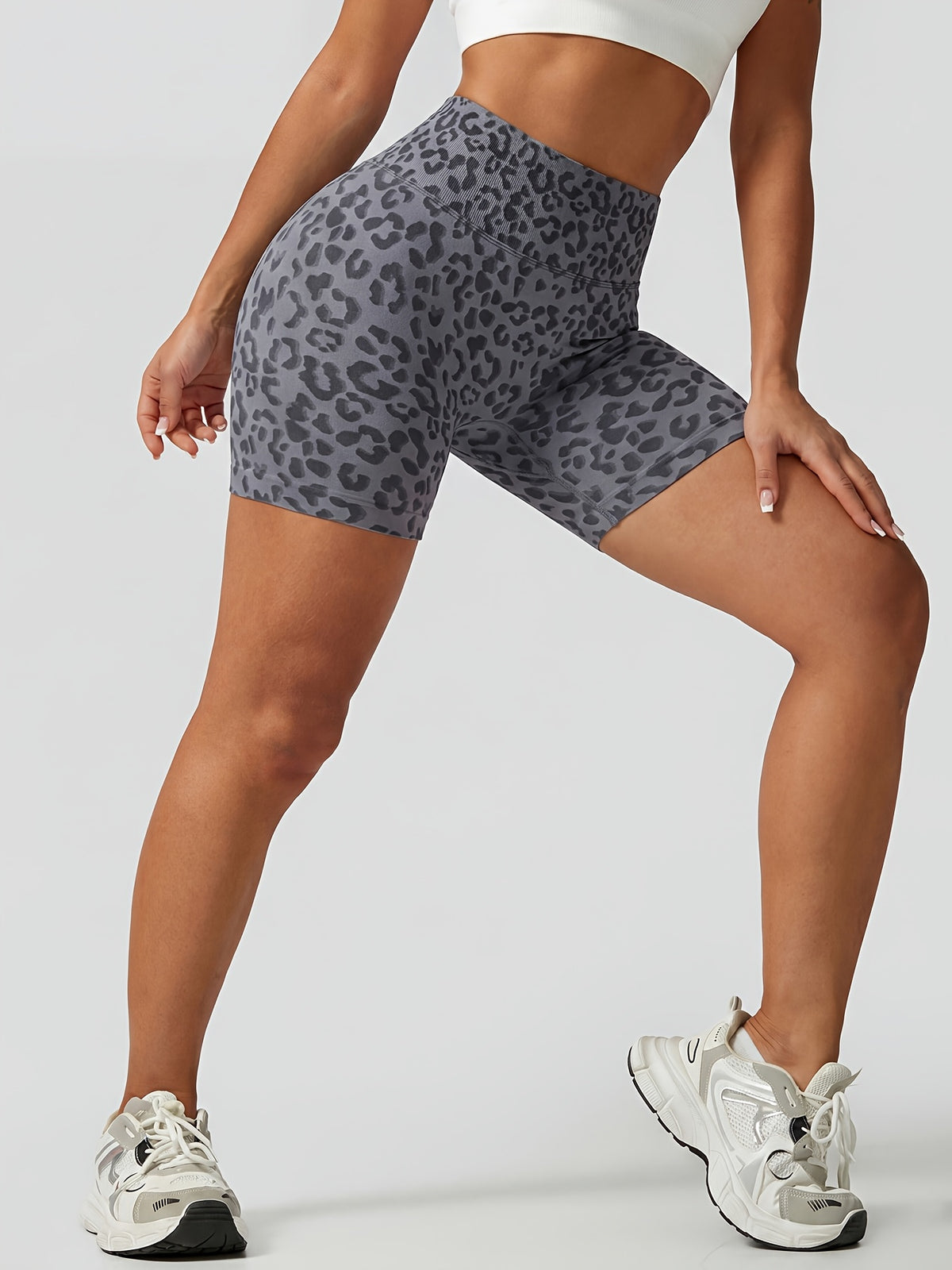 Leopard Seamless Ribbed Biker Shorts - Grey