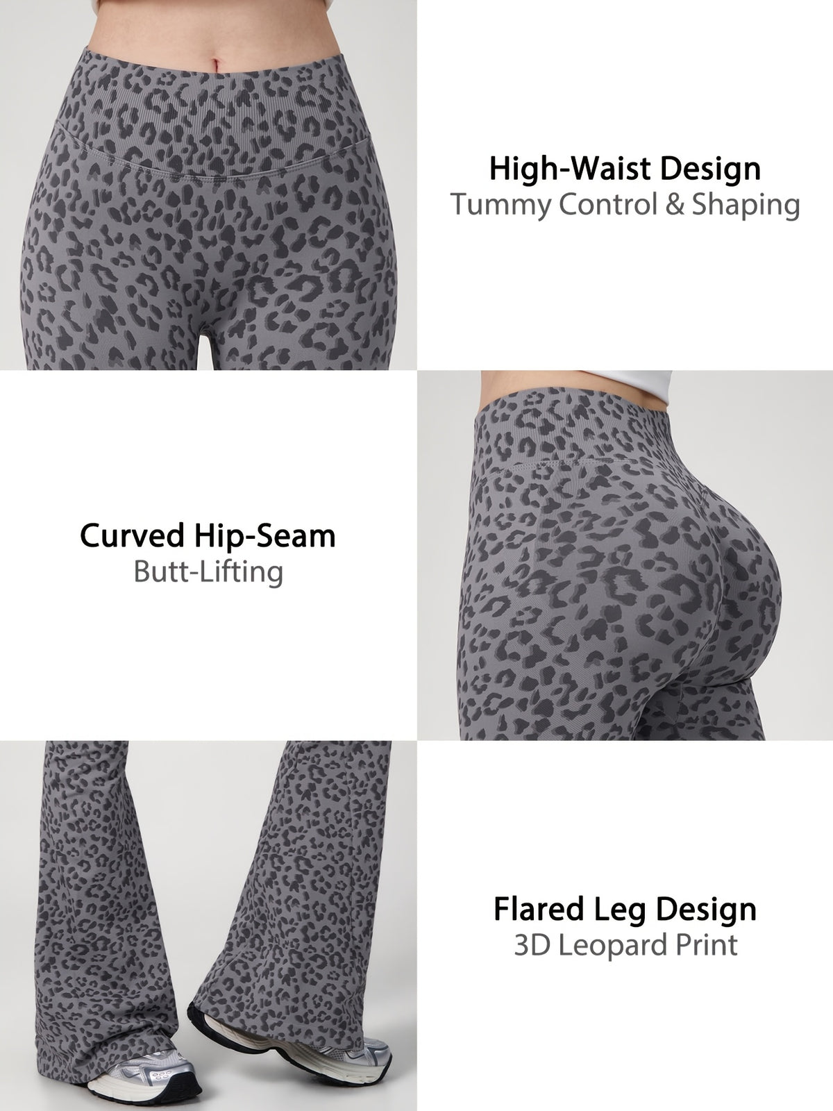 Leopard Print Flare Leggings - Grey