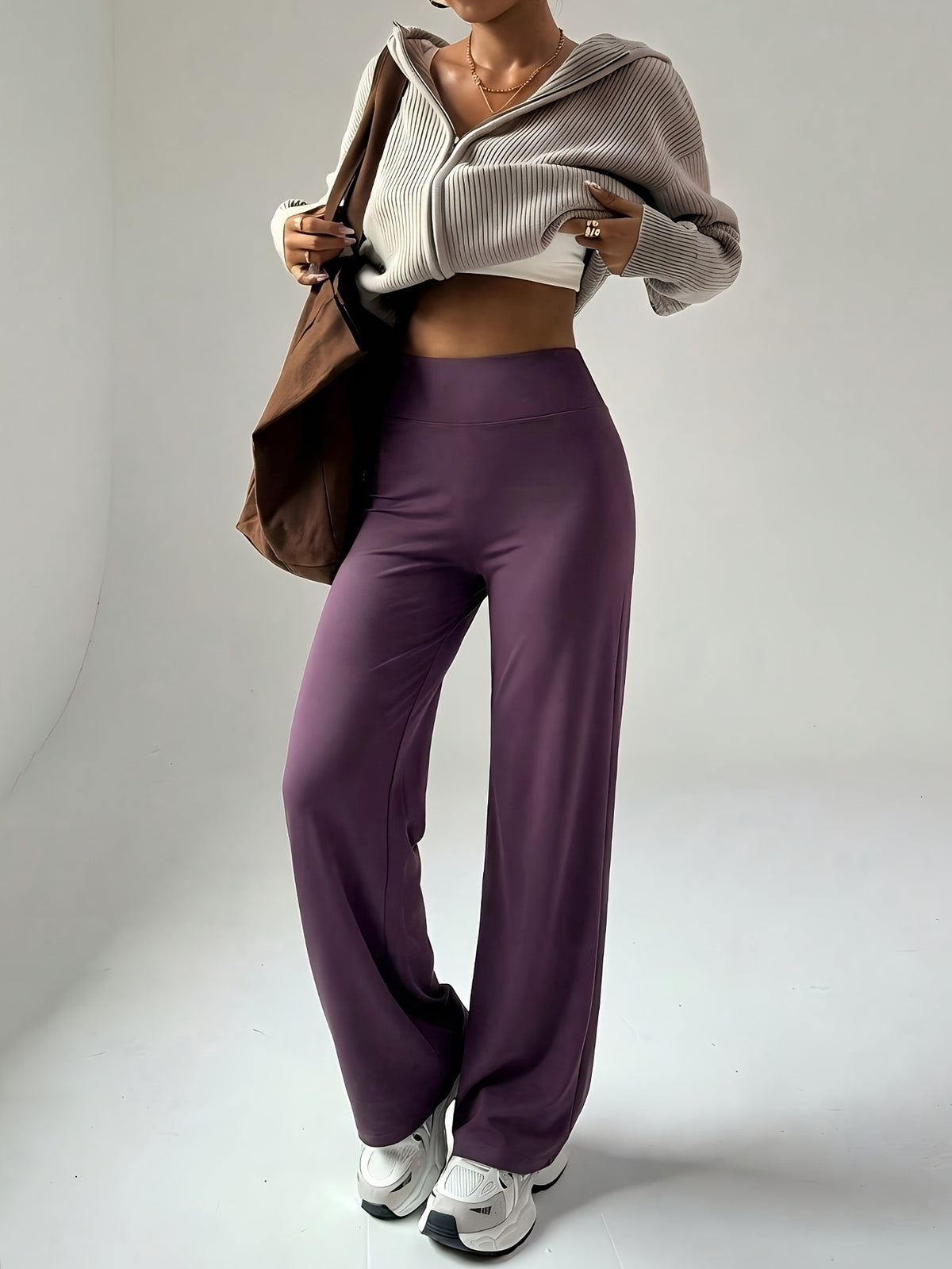 Wide Band Draped Straight Leg Pants - Deep Purple