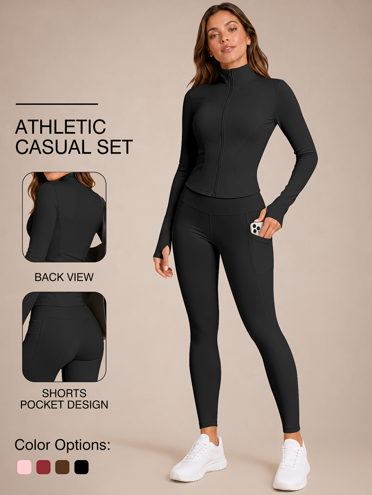 Stand Collar Jacket & Leggings Set - Black