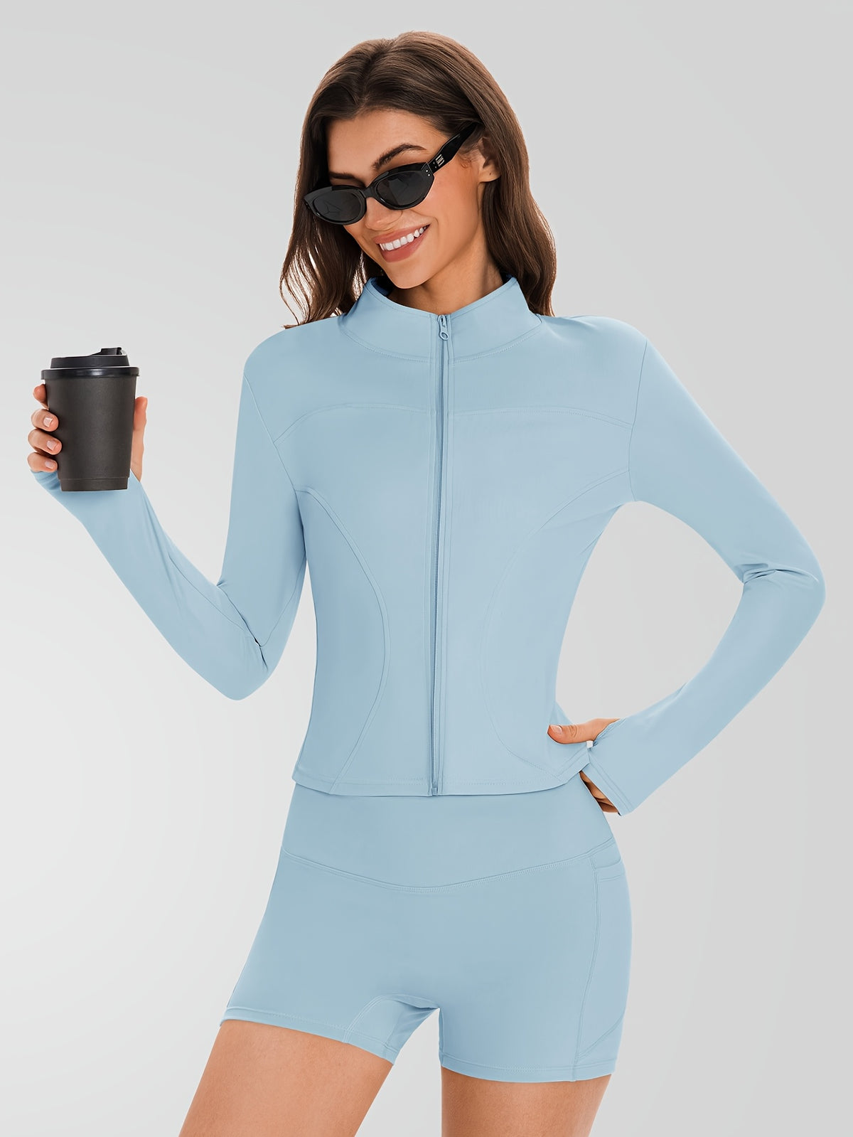 Zip Jacket & Pocket Shorts Set - Light Blue