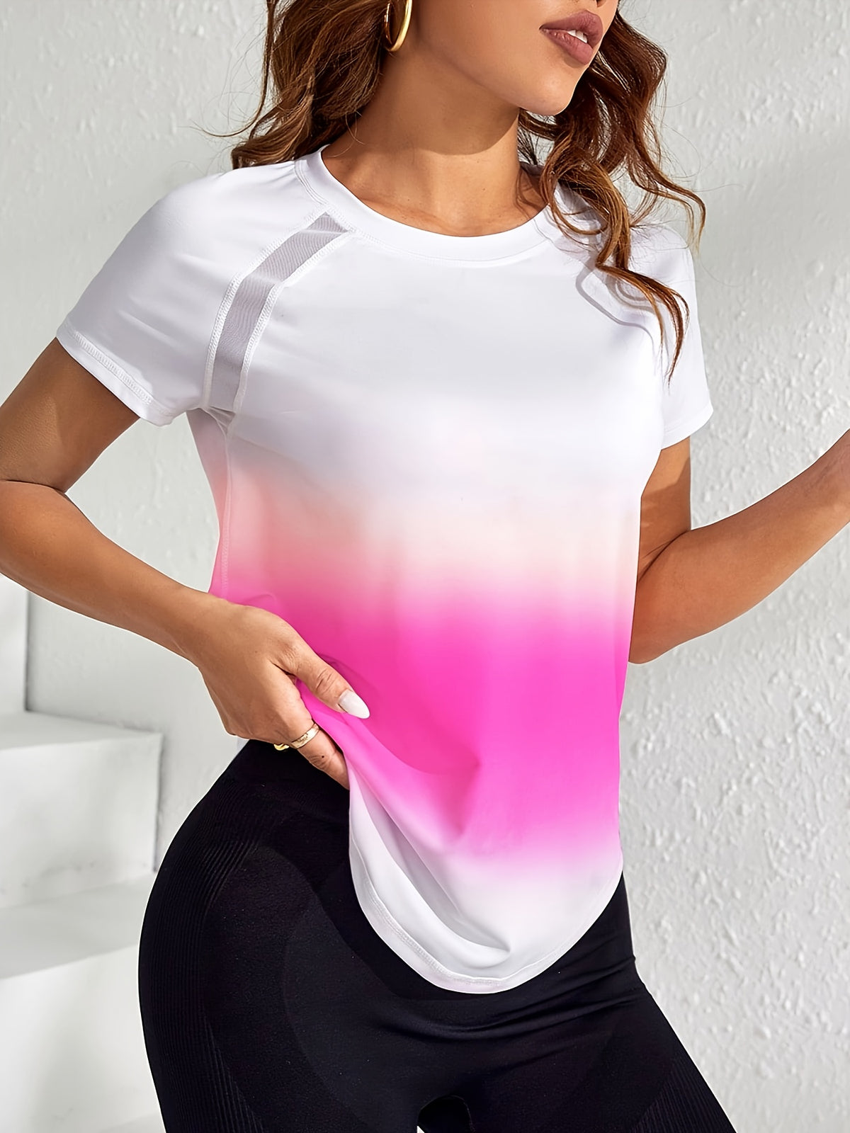 Tie-Dye Mesh Patchwork Sports Tee - Hot Pink Ombre