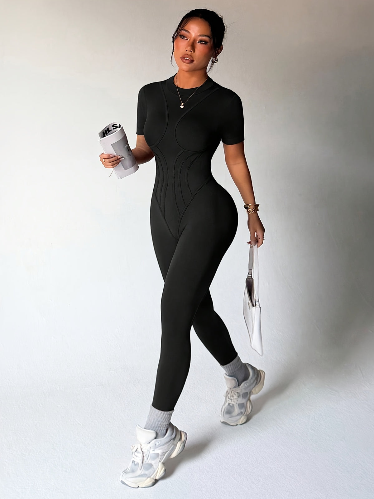 Ribbed Backless Short Sleeve Jumpsuit - Black