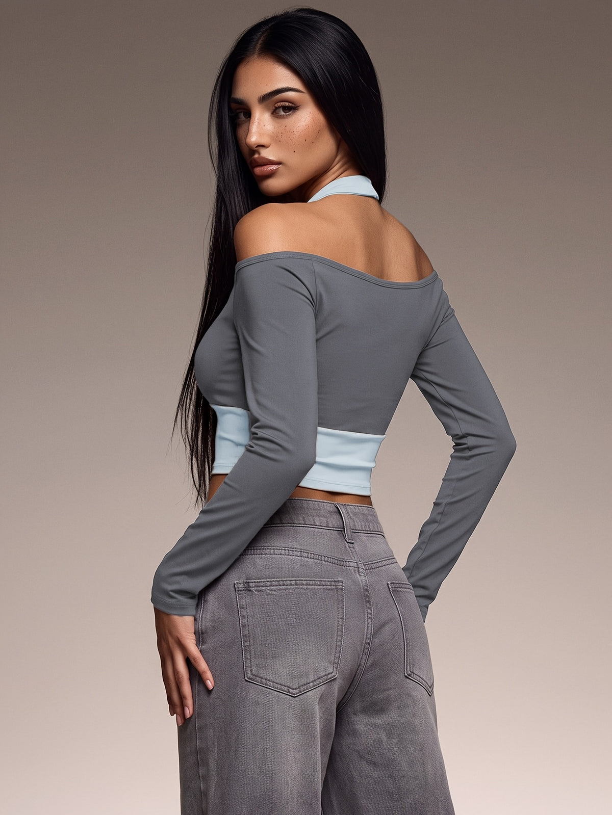 Off Shoulder Layered Crop Top - Grey