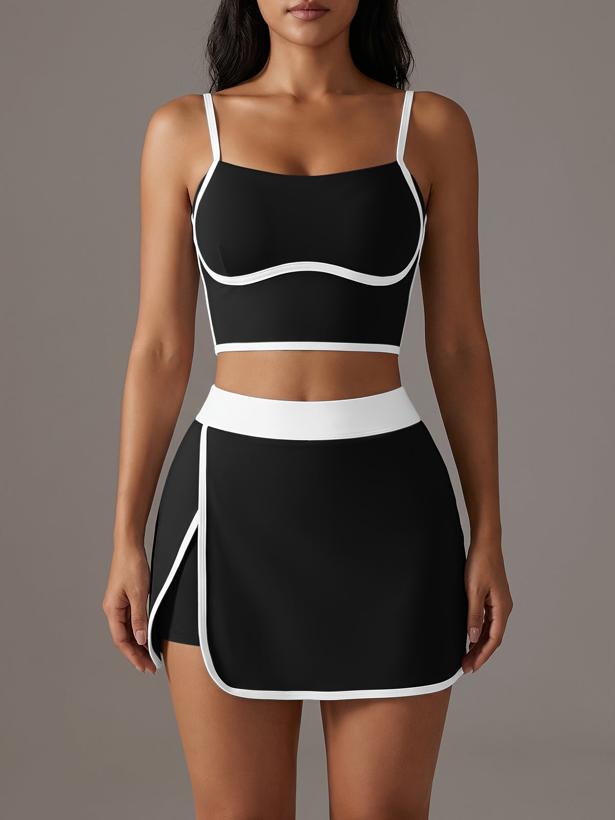 Linear Cami Bra & Mini Skirt Set - Black
