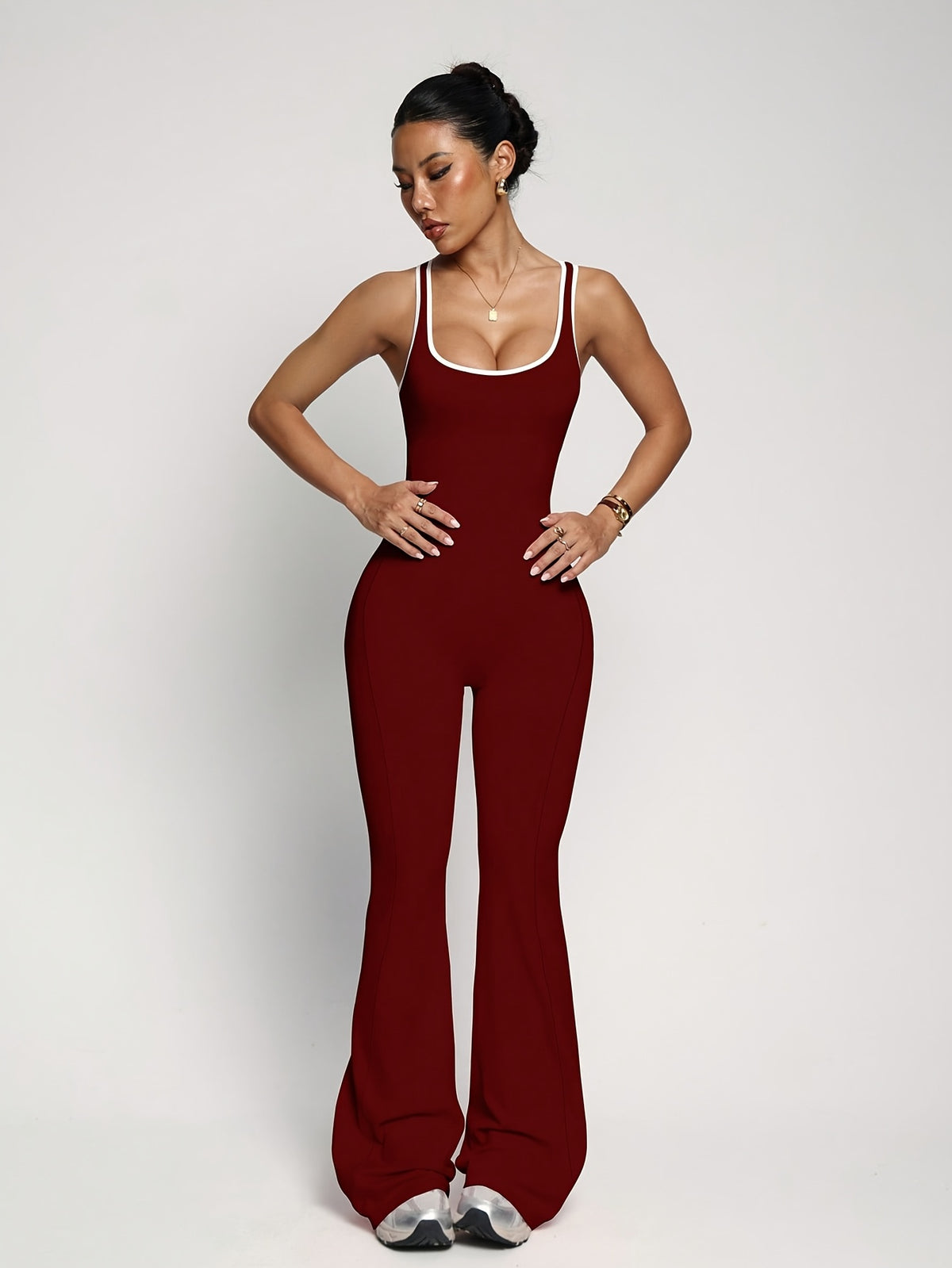 Cut Out Waist Flare Jumpsuit - Burgundy