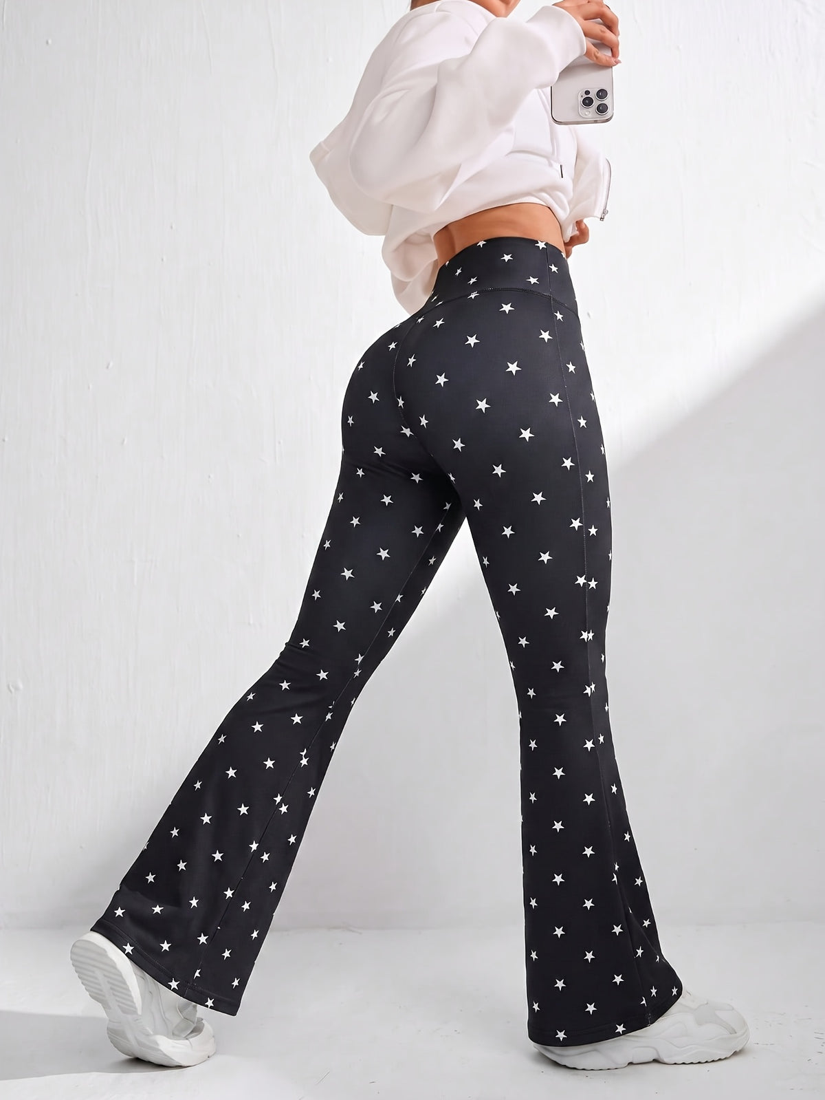 Star Print Flare Pants - Black Star