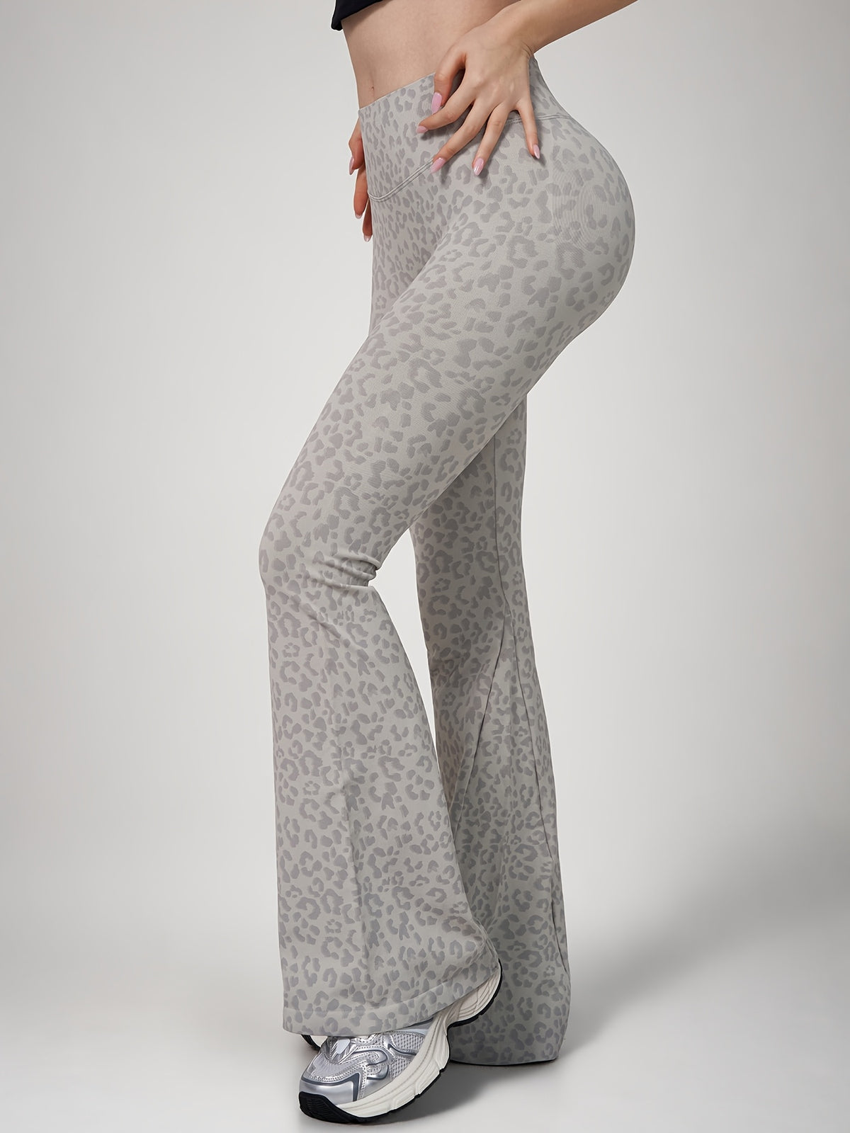 Leopard Print Flare Leggings - Light Grey