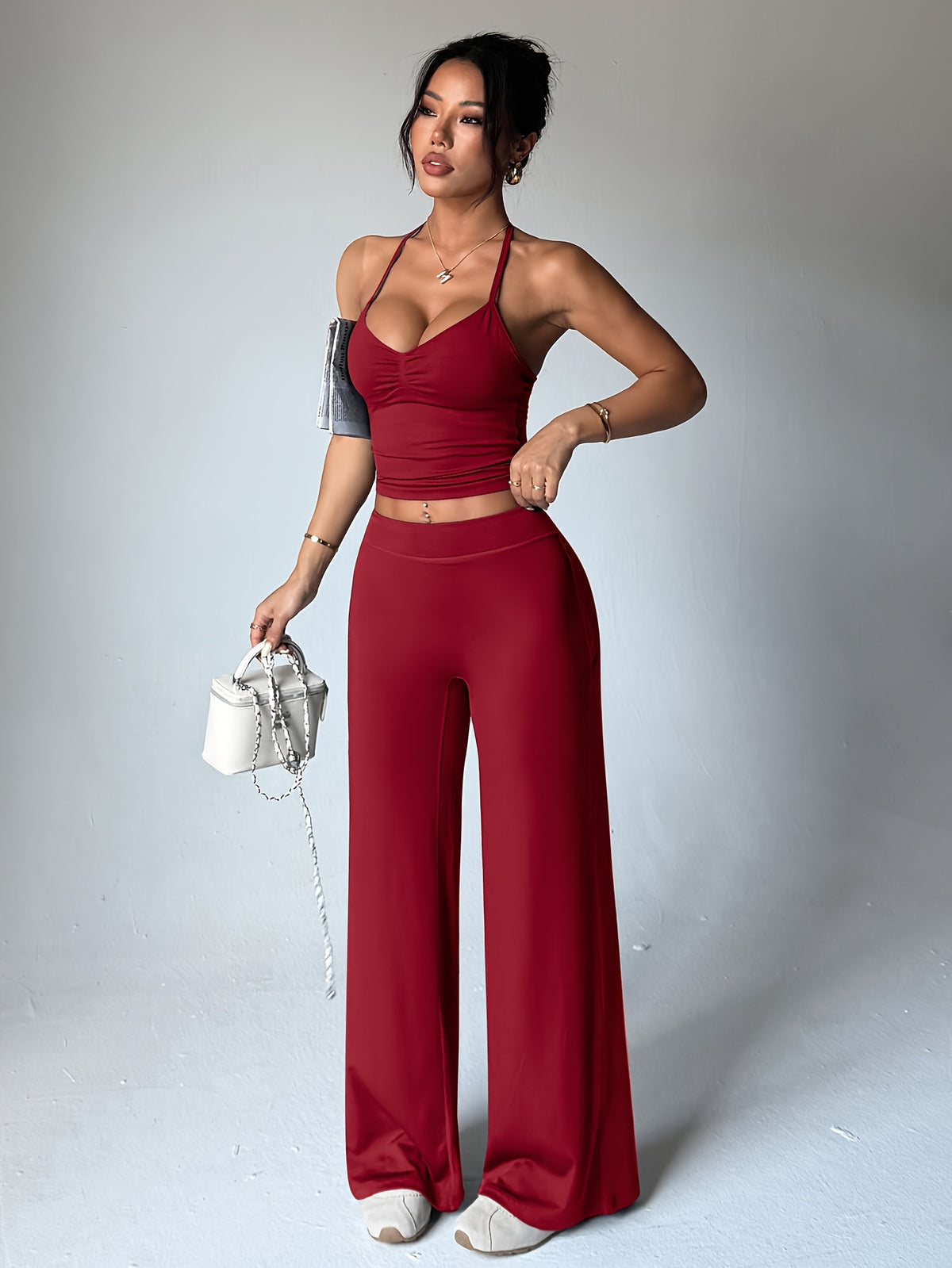 Shaper Top & Straight Leg Pants Set - Burgundy