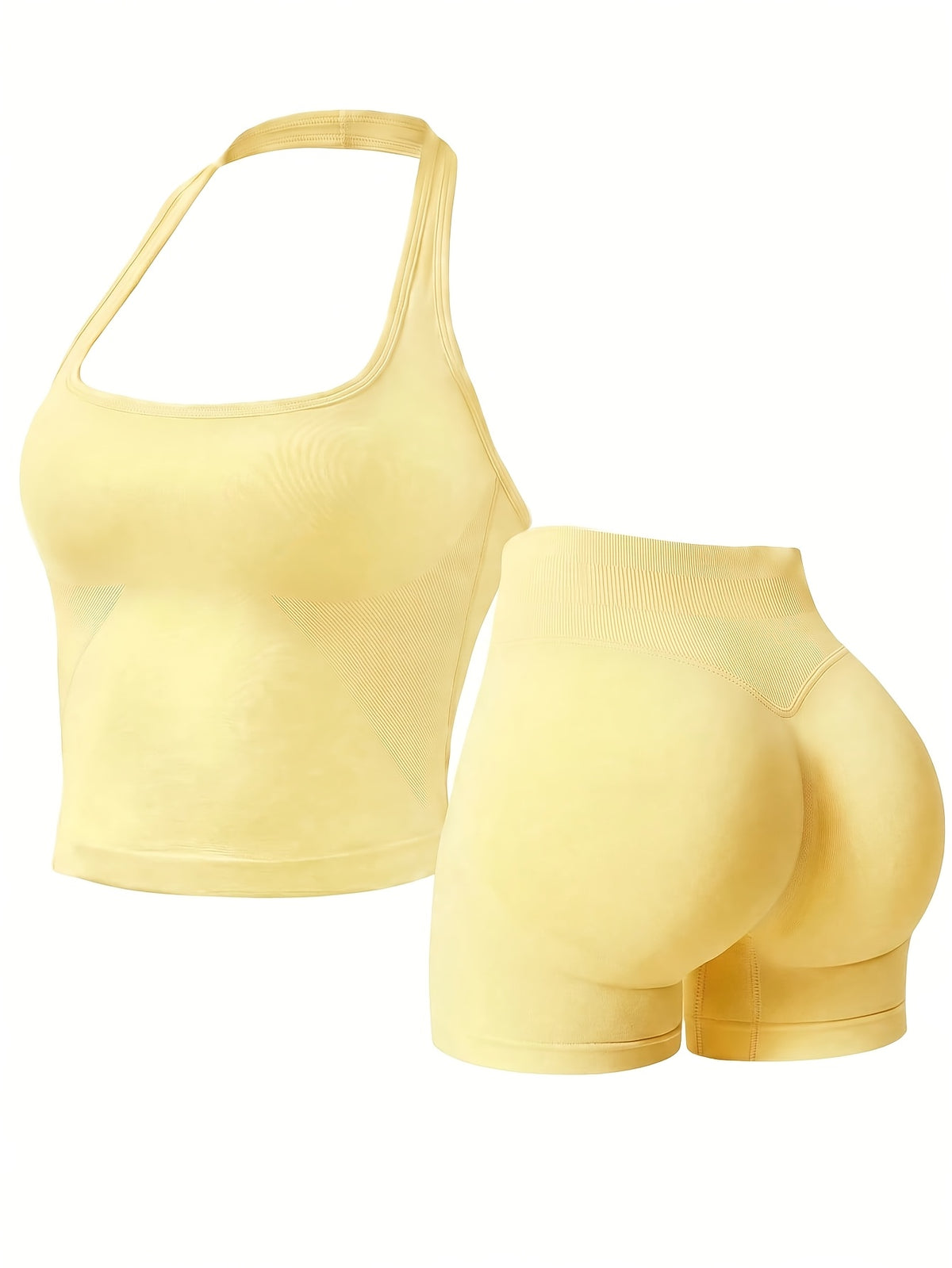 Halter Seamless Tank & Biker Shorts Set - Lemon Yellow