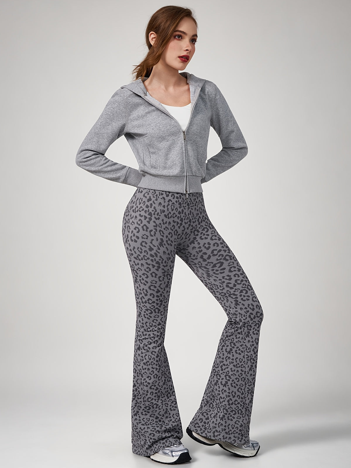 Leopard Print Flare Leggings - Grey