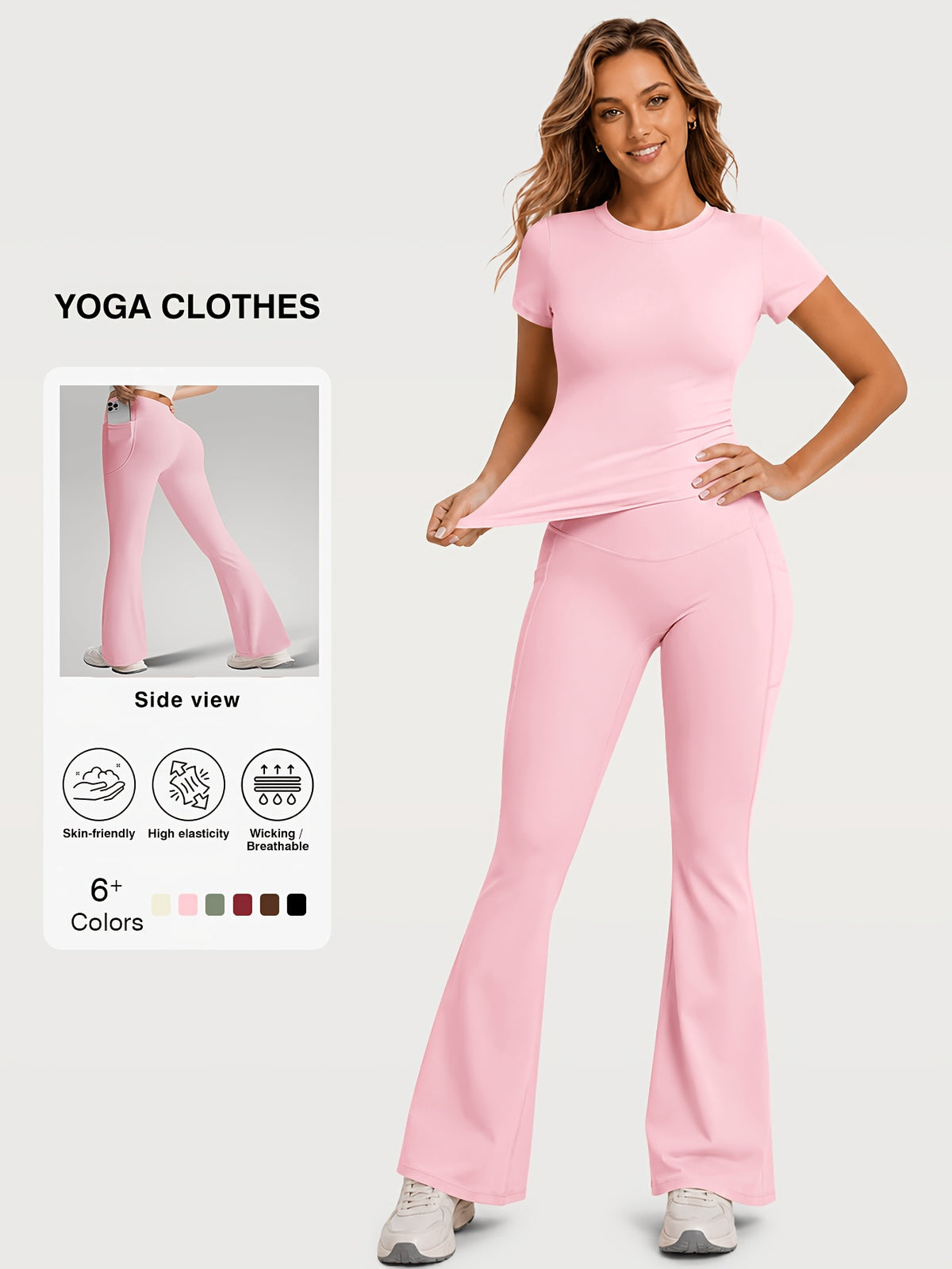 Fitted Tee & Flare Pants Set - Pink