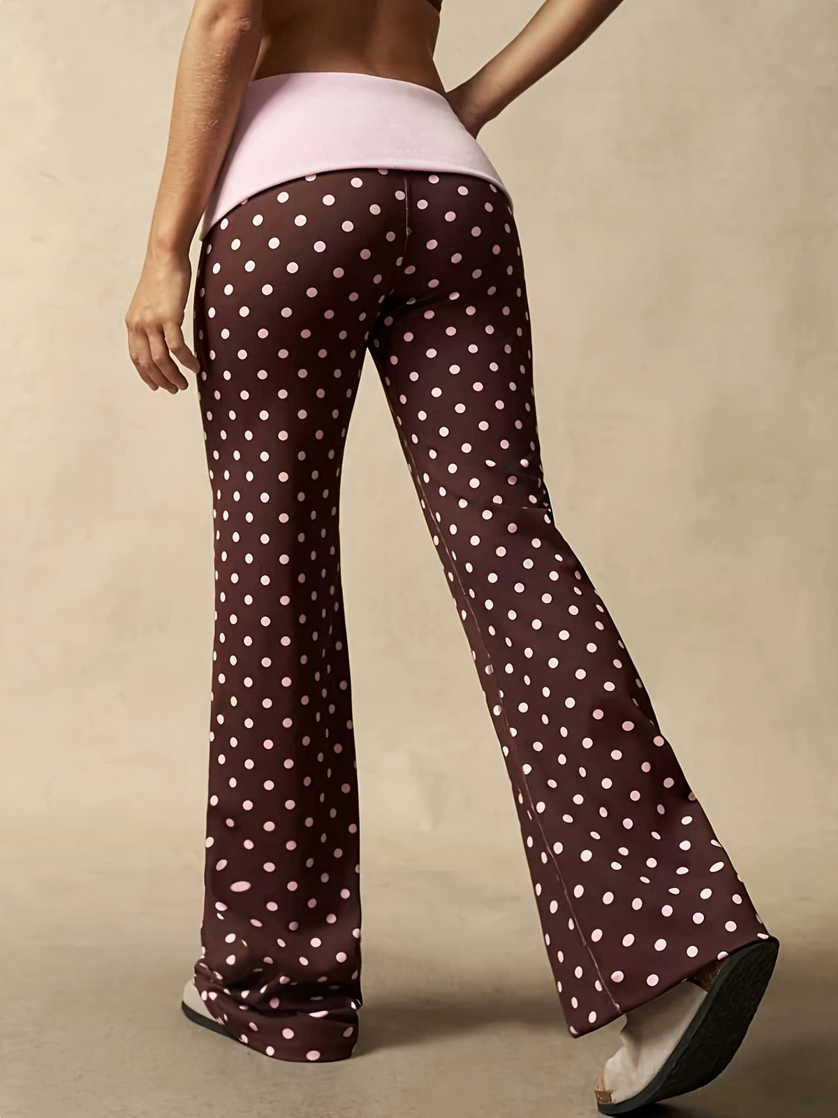 Polka Dot Fold Waist Flare Pants - Brown Base With Pink Dots