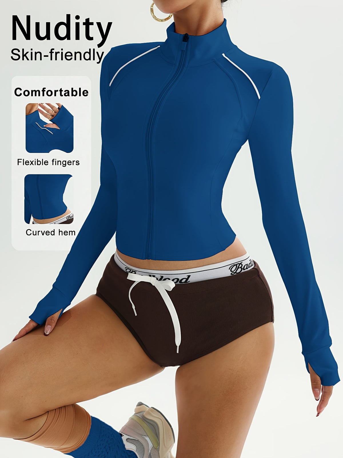 Contrast Stand Collar Zip Jacket - Royal Blue