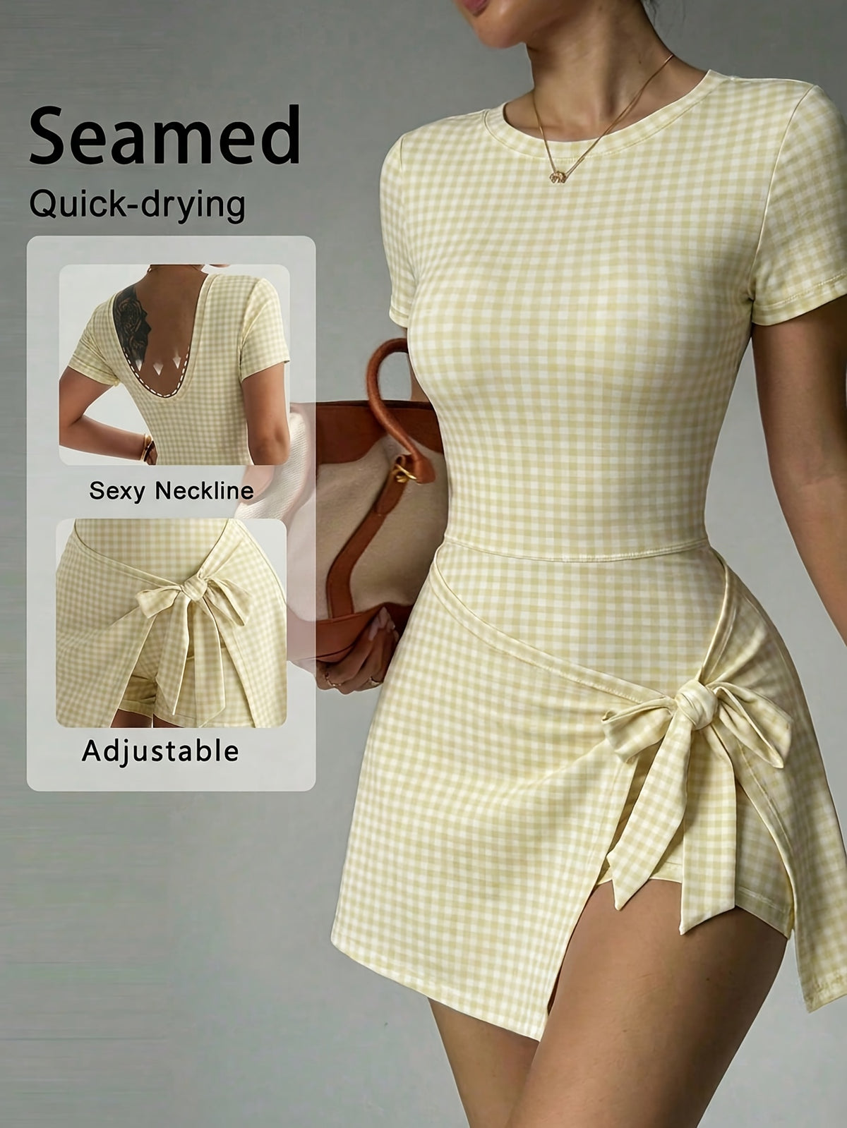 Plaid Bow Back Athletic Dress - Yellow Plaid
