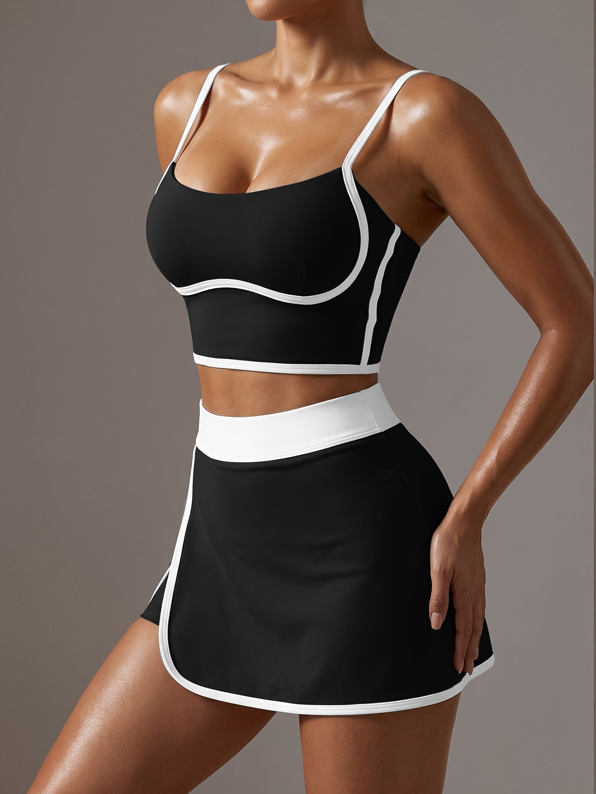 Linear Cami Bra & Mini Skirt Set - Black