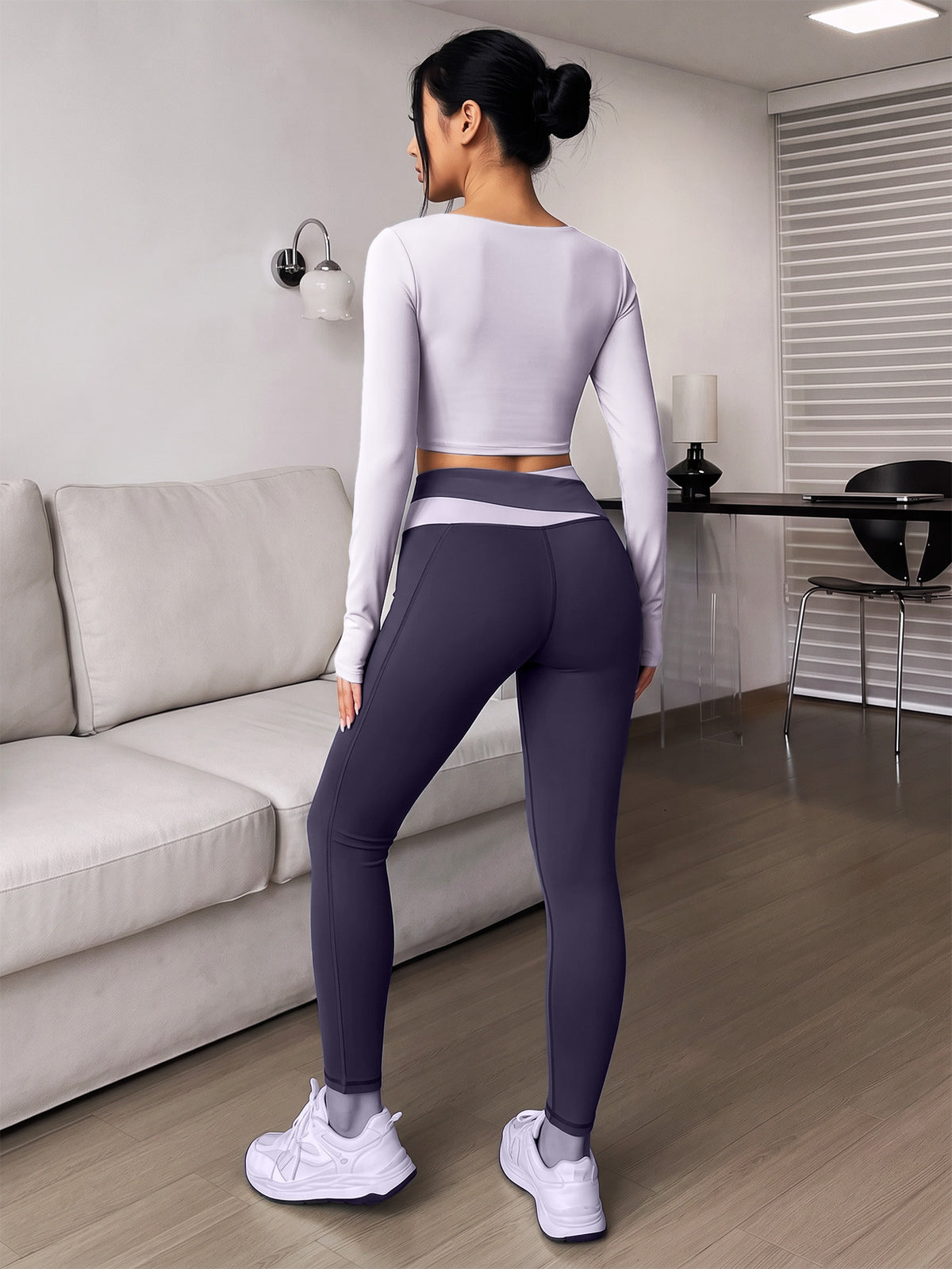 Spliced Finger Tab Crop Top & Pants Set - Light Purple & Dark Purple