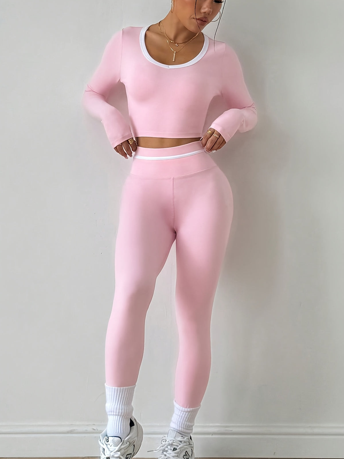 Long Sleeve Crop Top & Lifting Leggings Set - Pink
