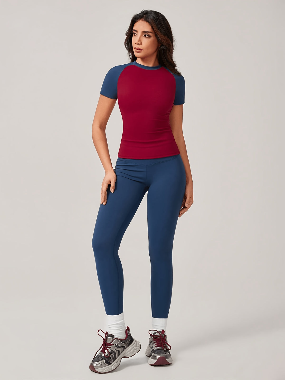 Colour Block Tee & Leggings Set - Red & Navy