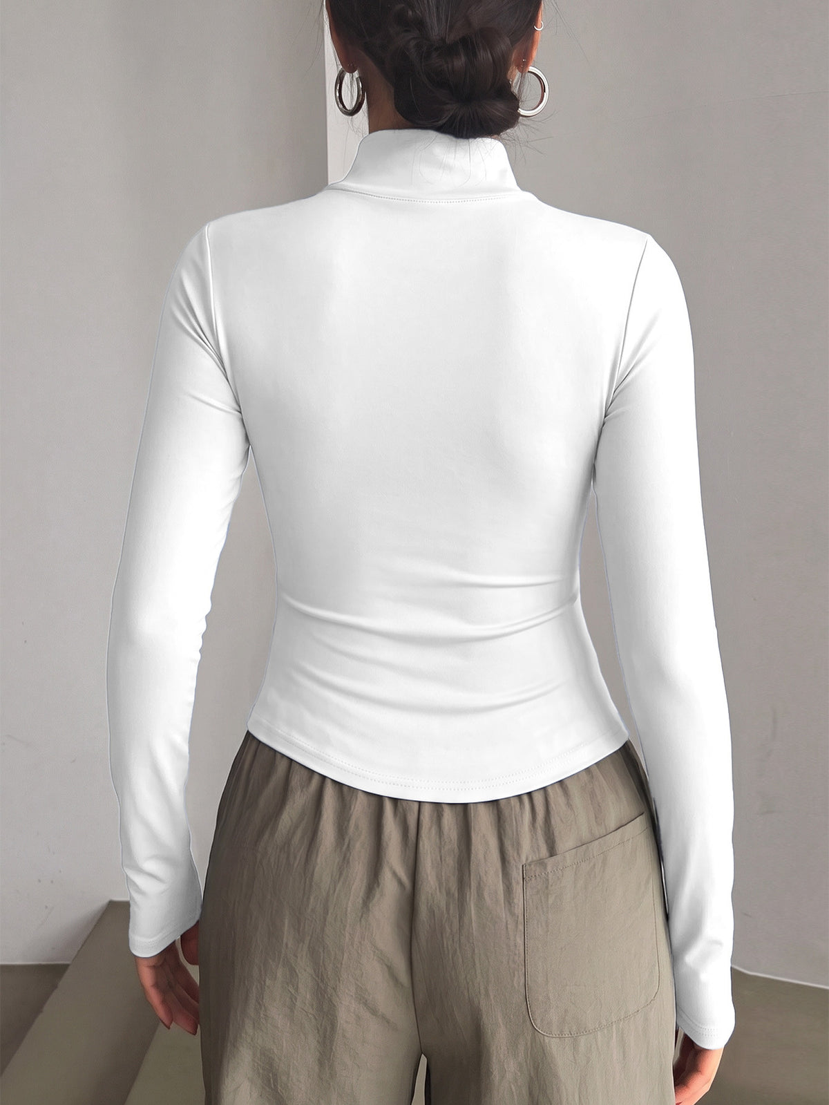 Half Zip Curved Hem Thumbhole Top - White