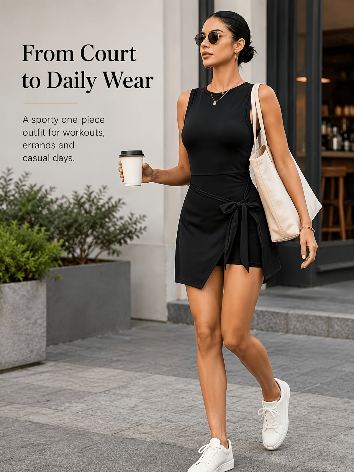 2-in-1 Side Tie Wrap Tennis Dress - Black