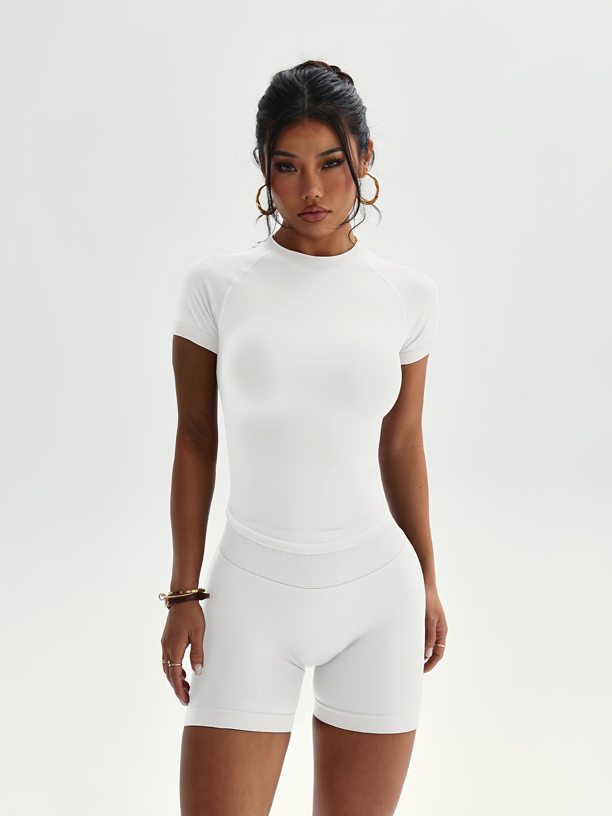 Fitted Short Sleeve Top & Shorts Set - White
