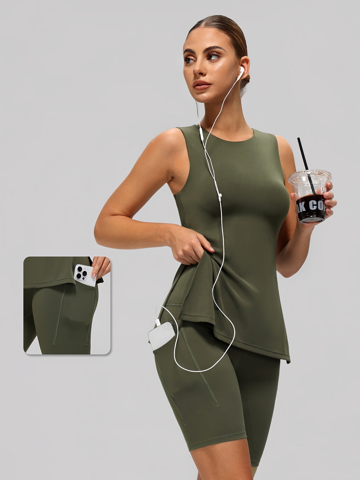 Side Slit Tank & Shorts Set - Olive Green