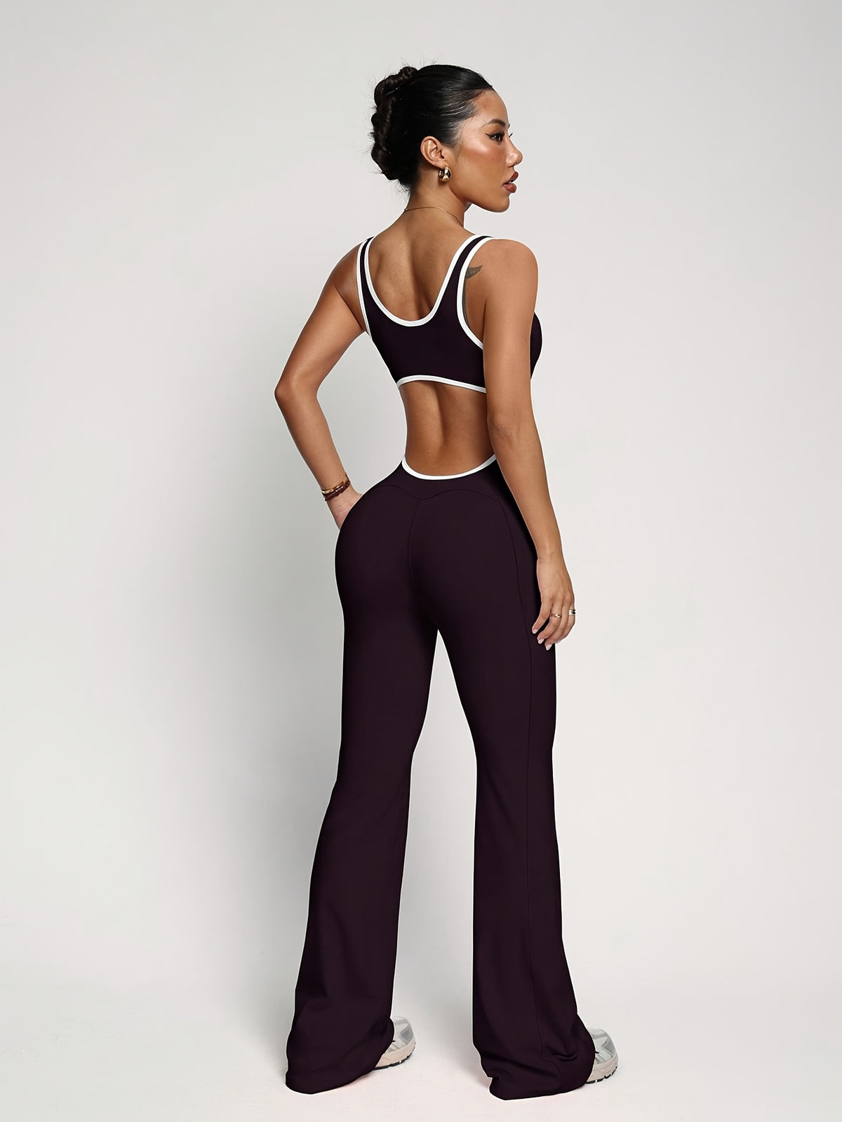 Cut Out Waist Flare Jumpsuit - Deep Purple