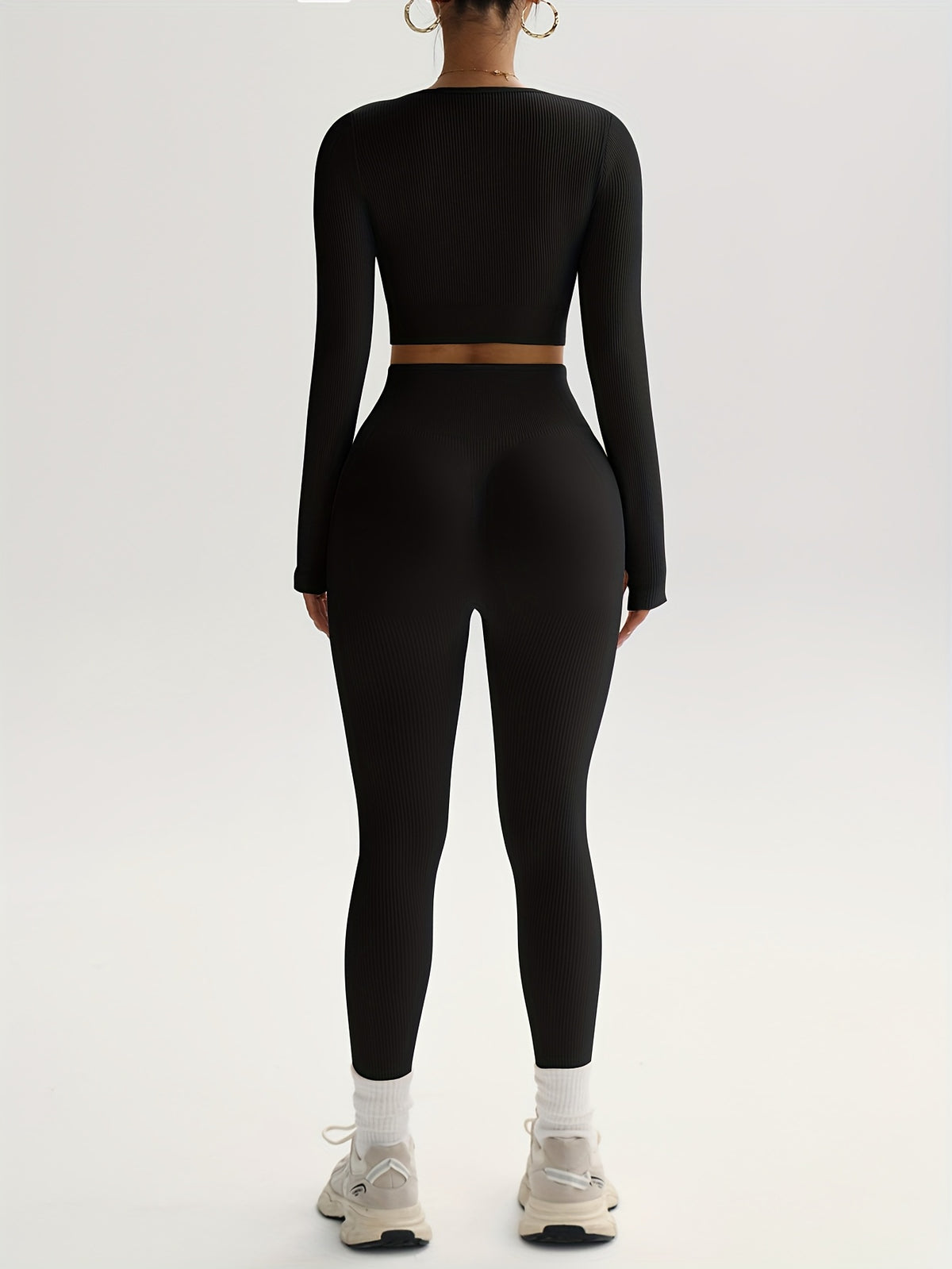 Ribbed Long Sleeve Top & Leggings Set - Black