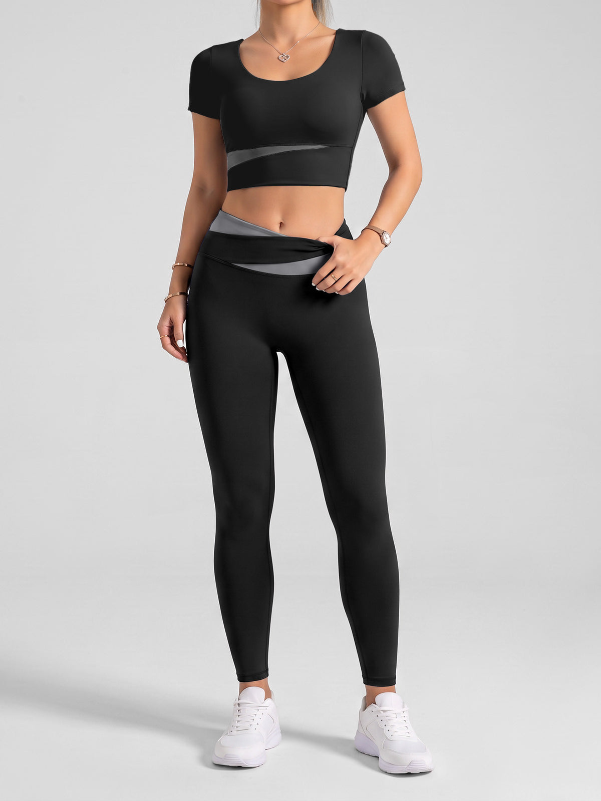 Contrast Tee & High Waist Leggings Set - Black