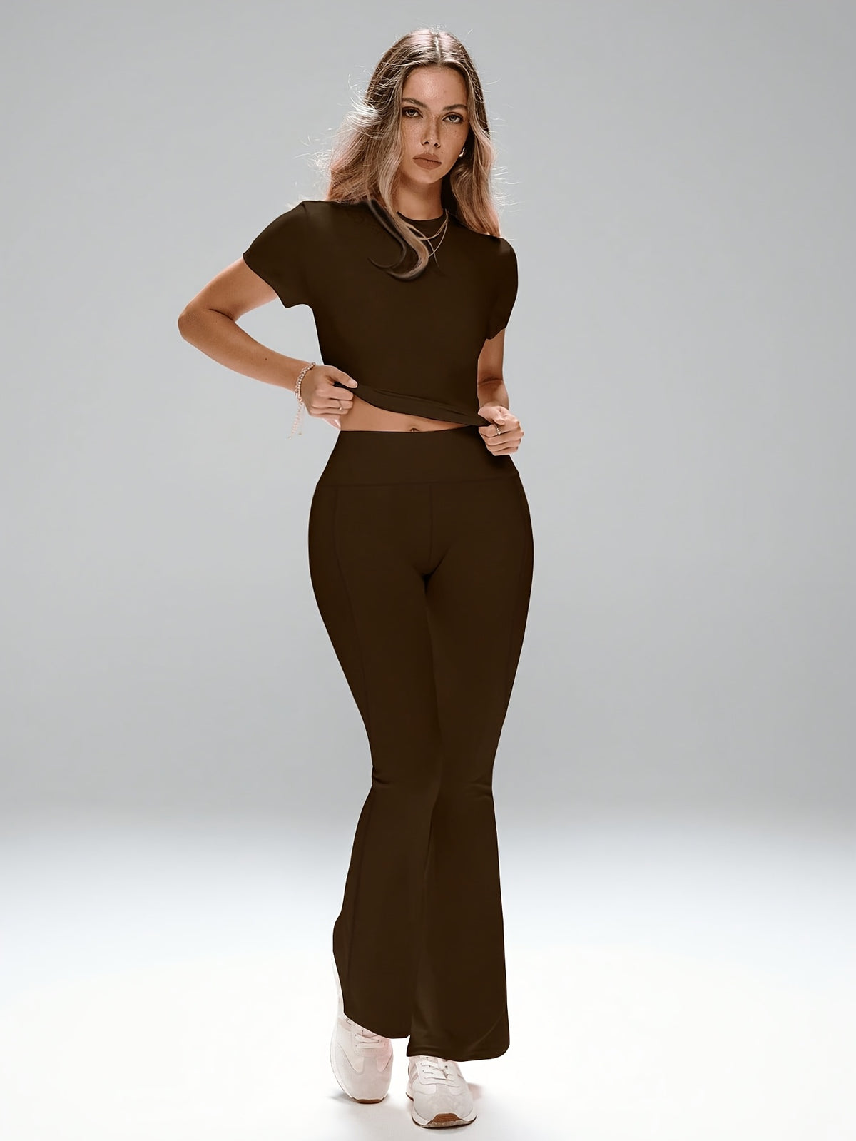 Short Sleeve Top & Flare Pants Set - Coffee