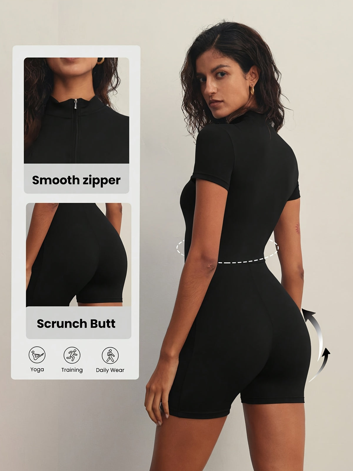 Short Sleeve Zip Front Bodysuit - Black