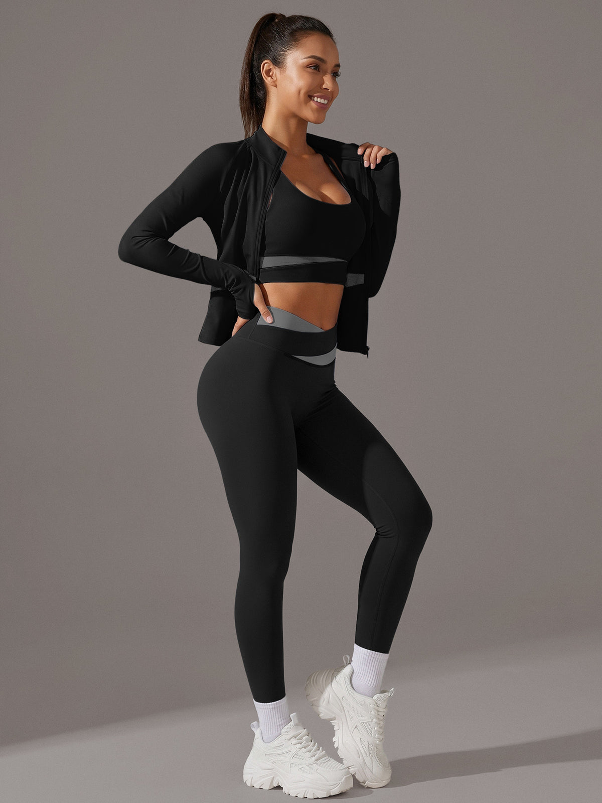 Colour Block Thumbhole Jacket 3 Piece Set - Black