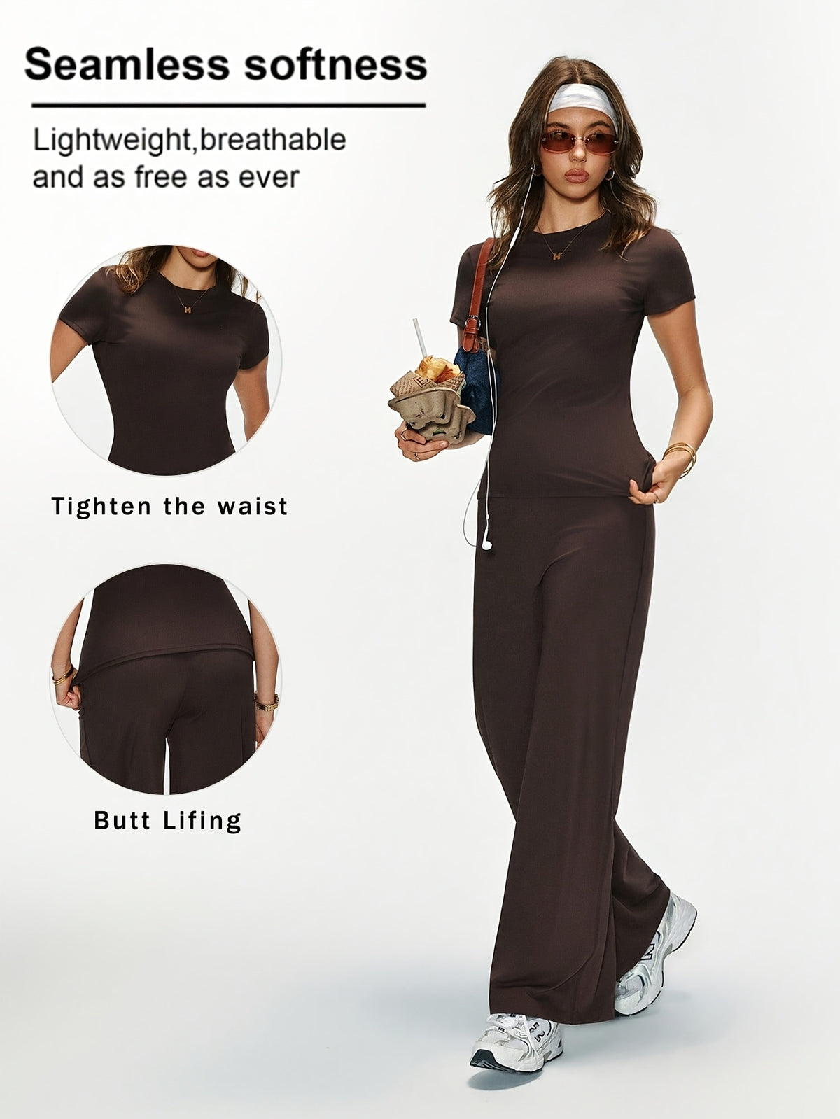 Tee & Wide Leg Pants Set - Coffee