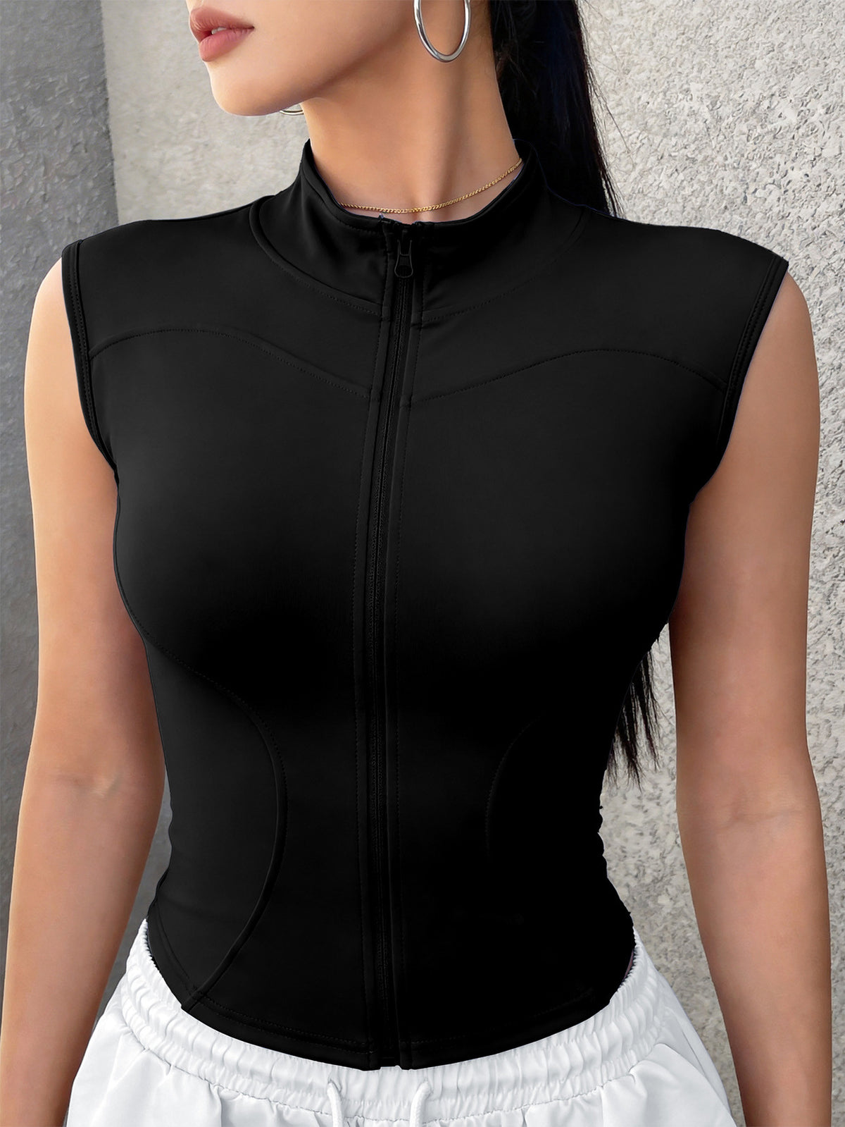 Zip Front Stand Collar Sleeveless Vest - Black