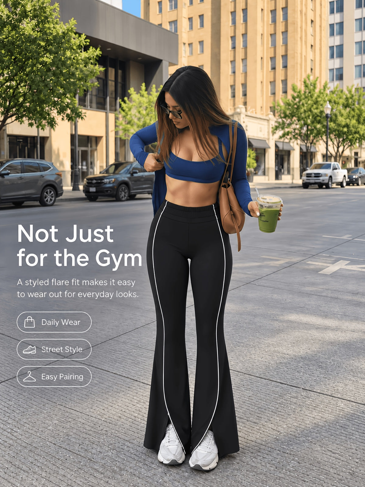 Front Split Hem Ruched Flare Pants - Black